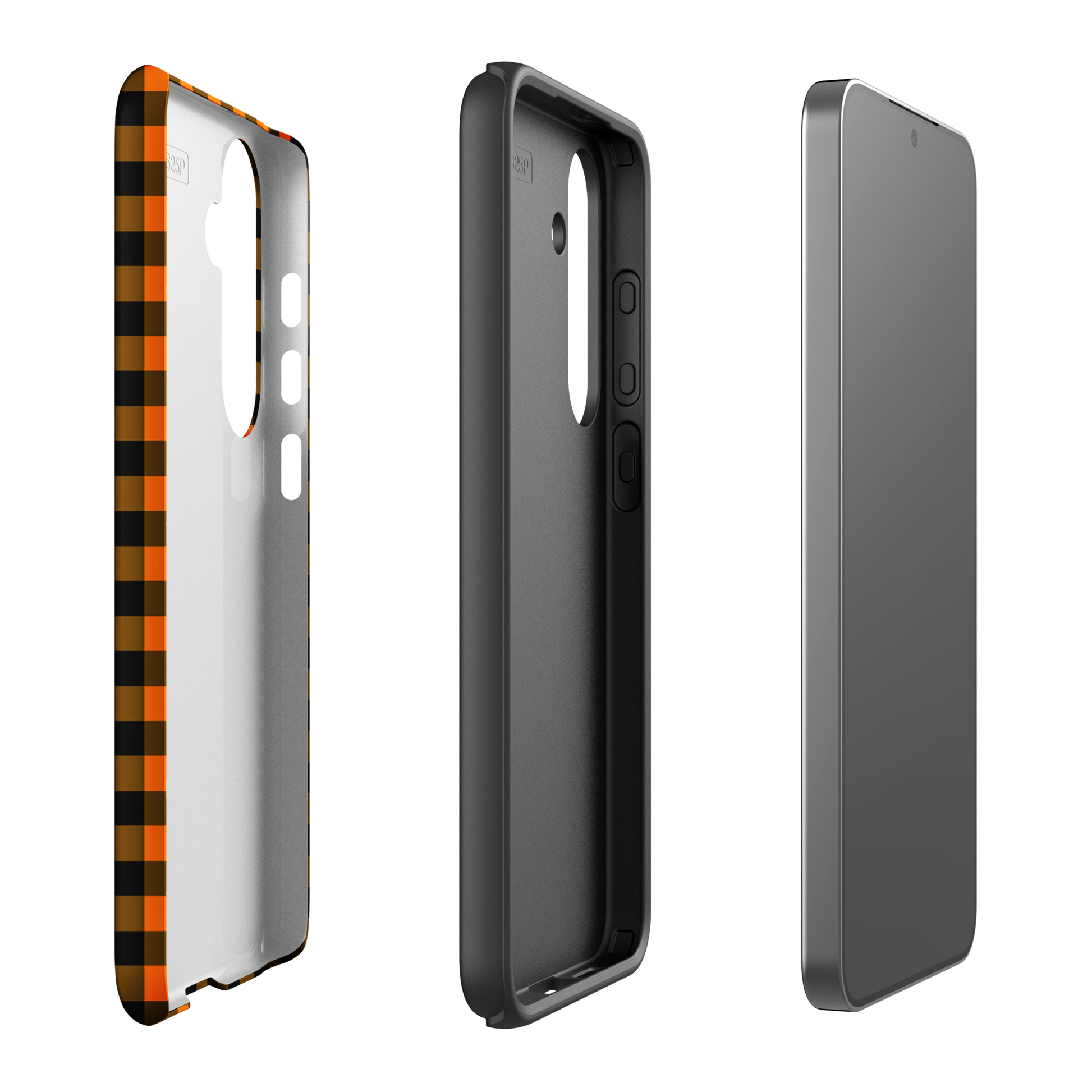 Black-and-orange gingham autumn theme phone case for Samsung Galaxy, showcasing stylish design and durable craftsmanship.