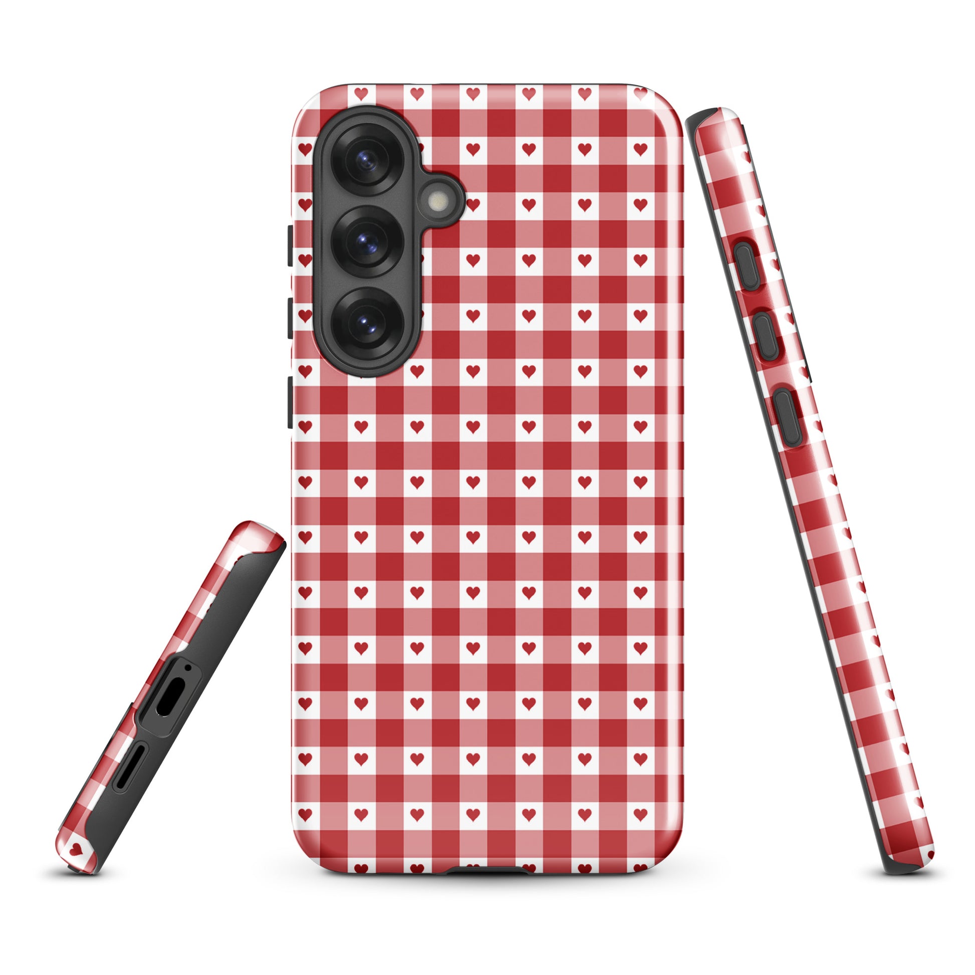 Phone Case for Samsung Galaxy in red gingham heart pattern, combines stylish design with durability.