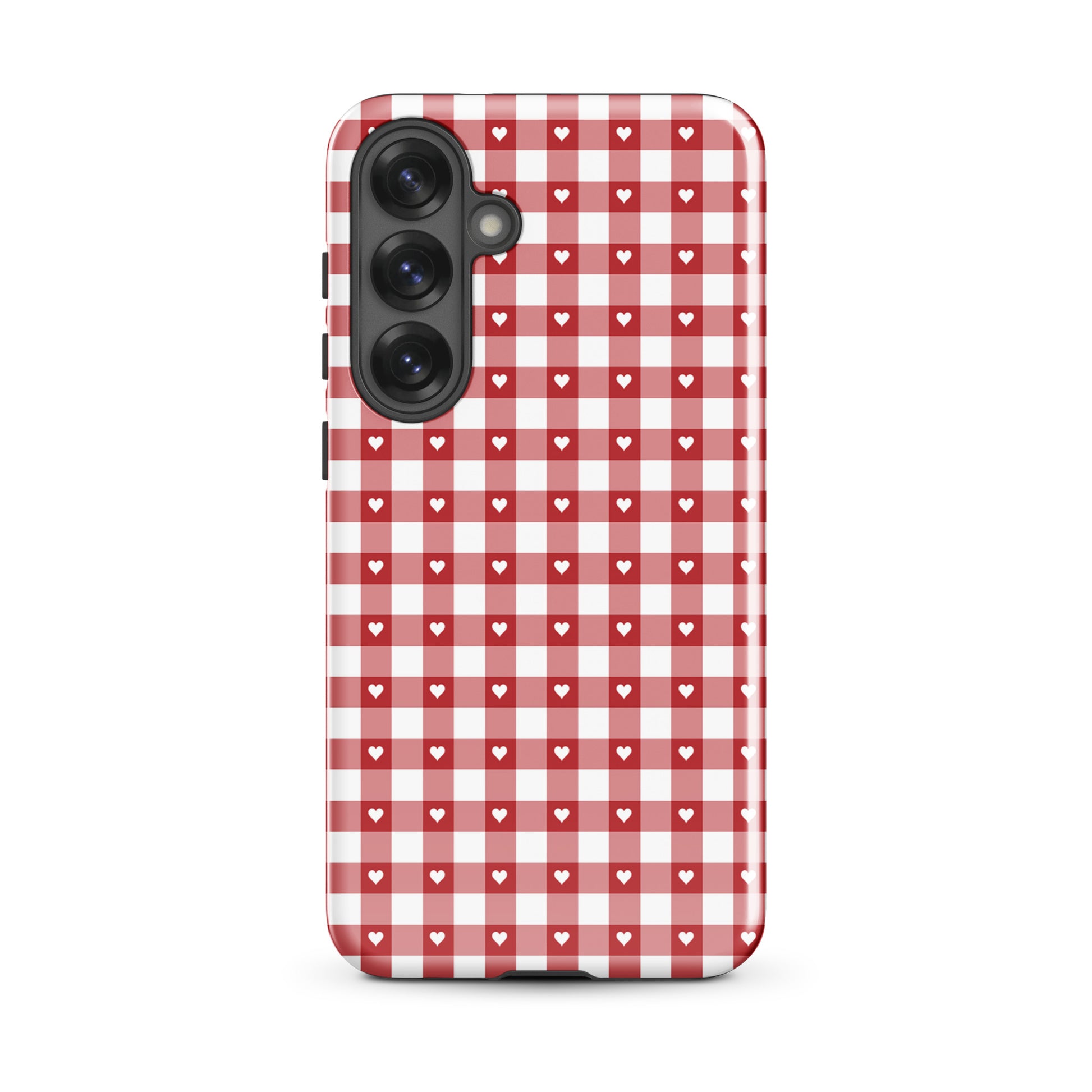 Phone Case for Samsung Galaxy with red and white gingham pattern and white hearts design for style and protection.