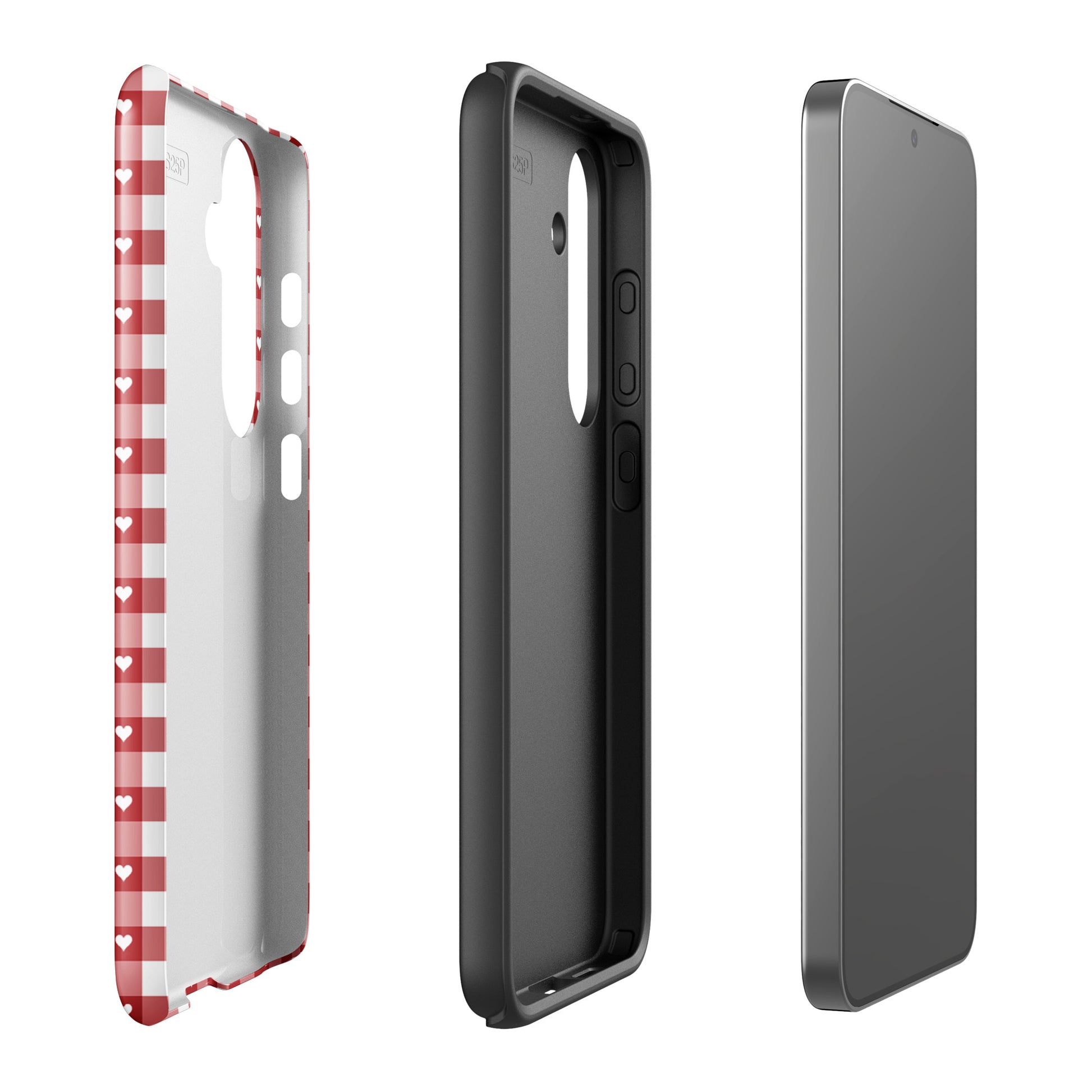 Phone Case for Samsung Galaxy in red and white gingham with white hearts, showcasing stylish design and durable protection.