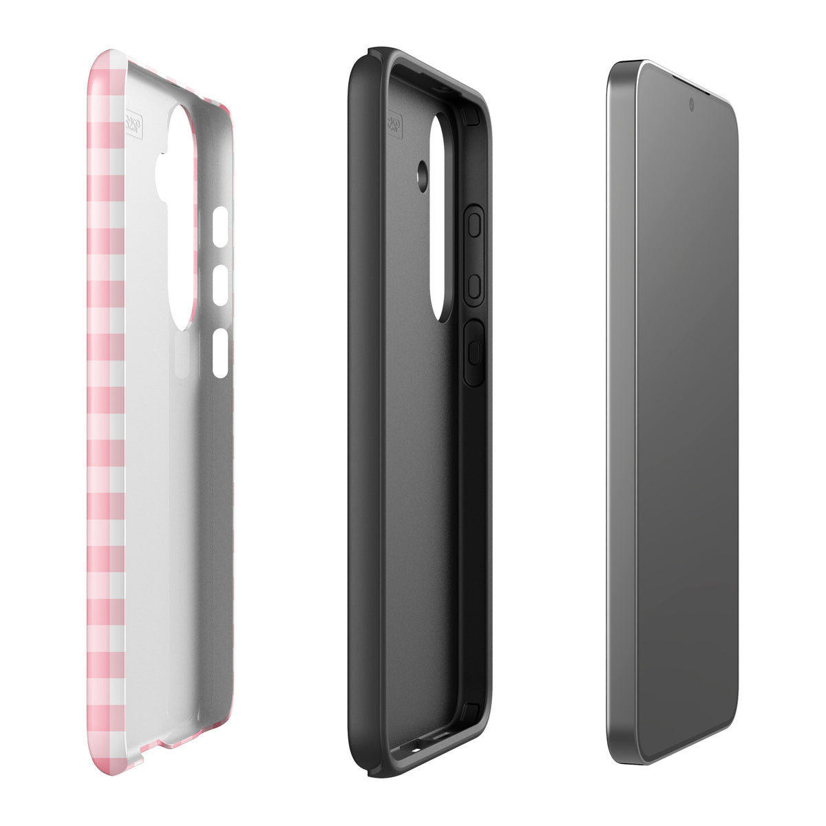 Phone Case for Samsung Galaxy with pink-and-white gingham pattern, highlighting style and protection in three views.