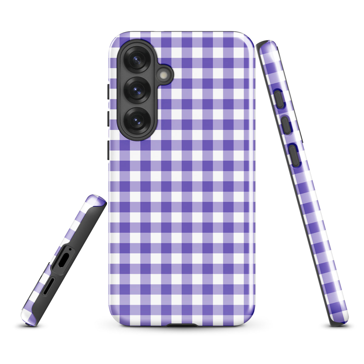 Phone case for Samsung Galaxy with purple and white gingham pattern, providing style and protection.