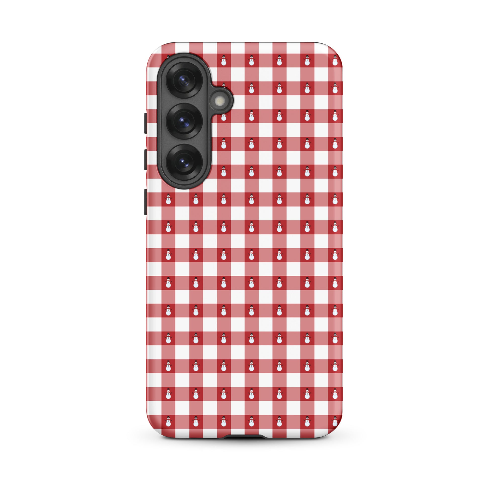 Phone Case for Samsung Galaxy with red-and-white gingham snowman design, winter protection, festive style, and holiday charm.