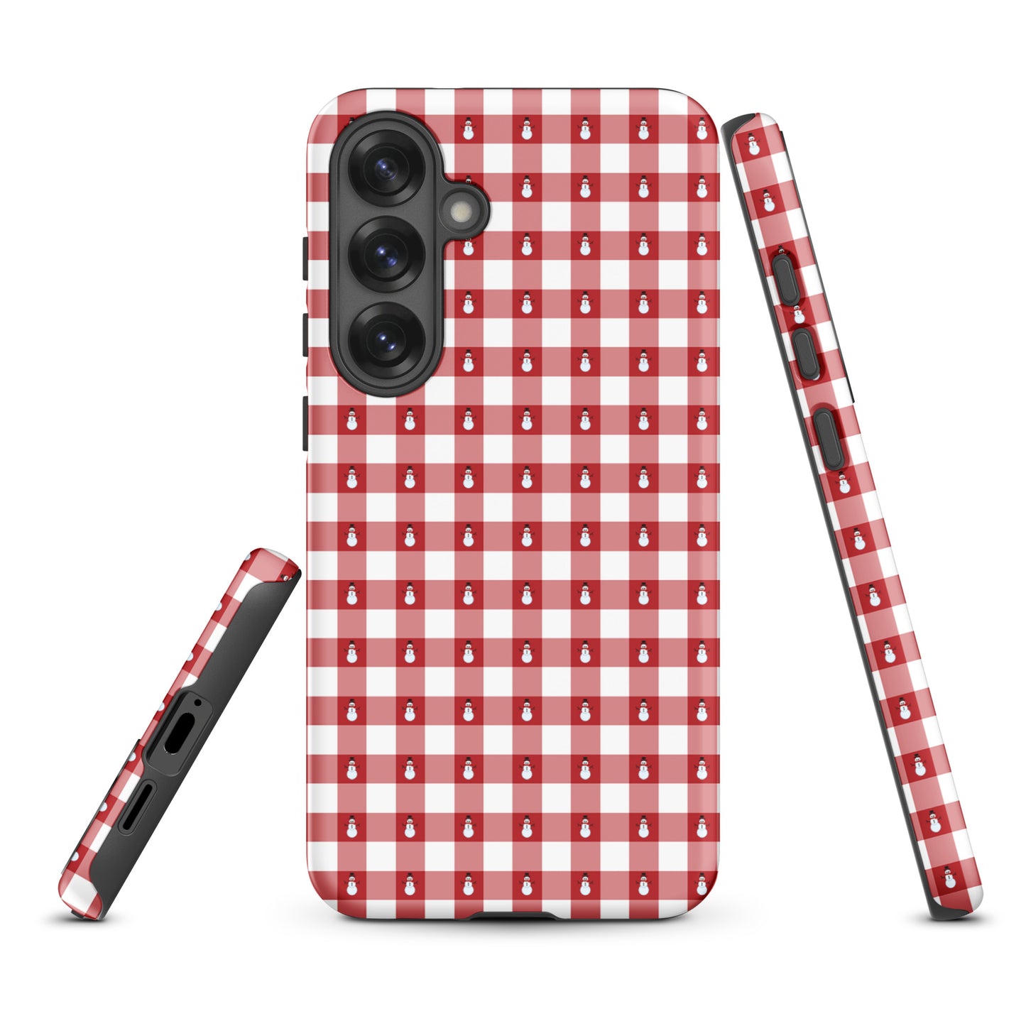 Phone Case for Samsung Galaxy with red gingham and snowmen winter design, offering festive style and durable protection.