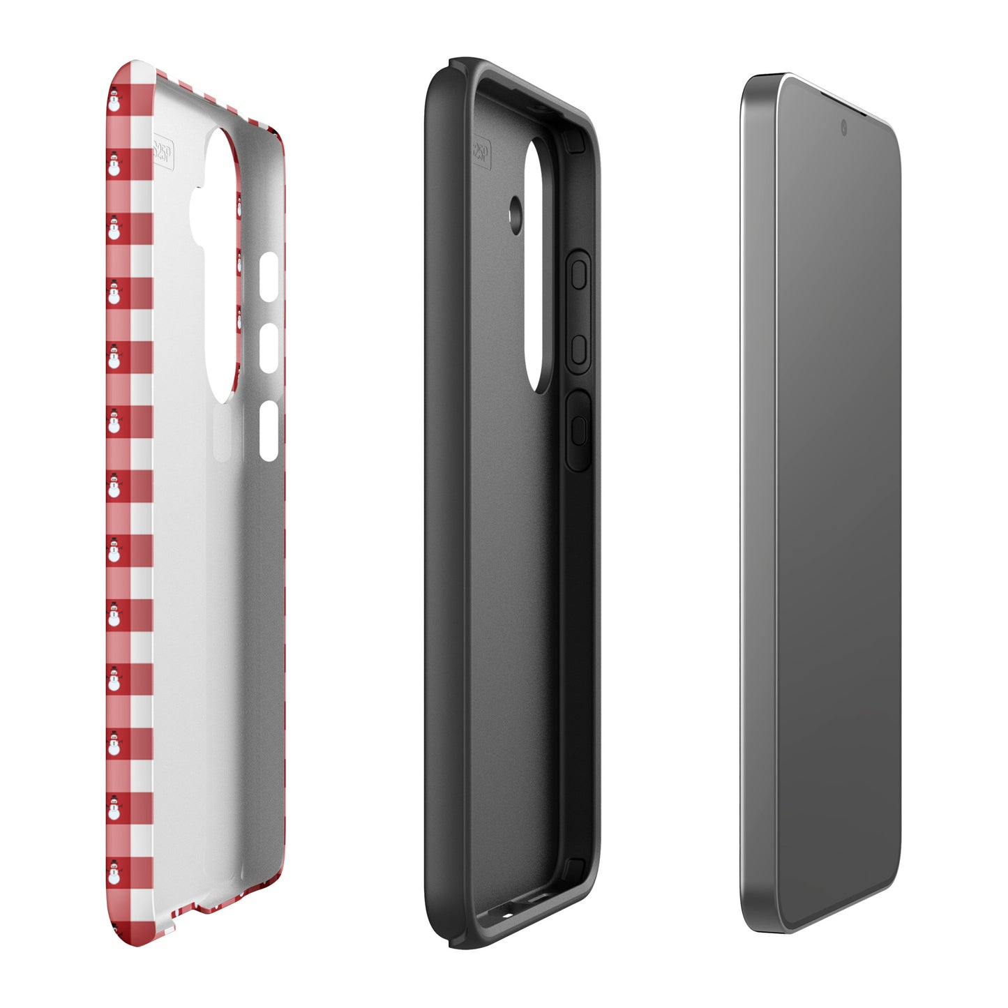 Phone Case for Samsung Galaxy with snowman gingham winter design showcasing three-piece protective features.