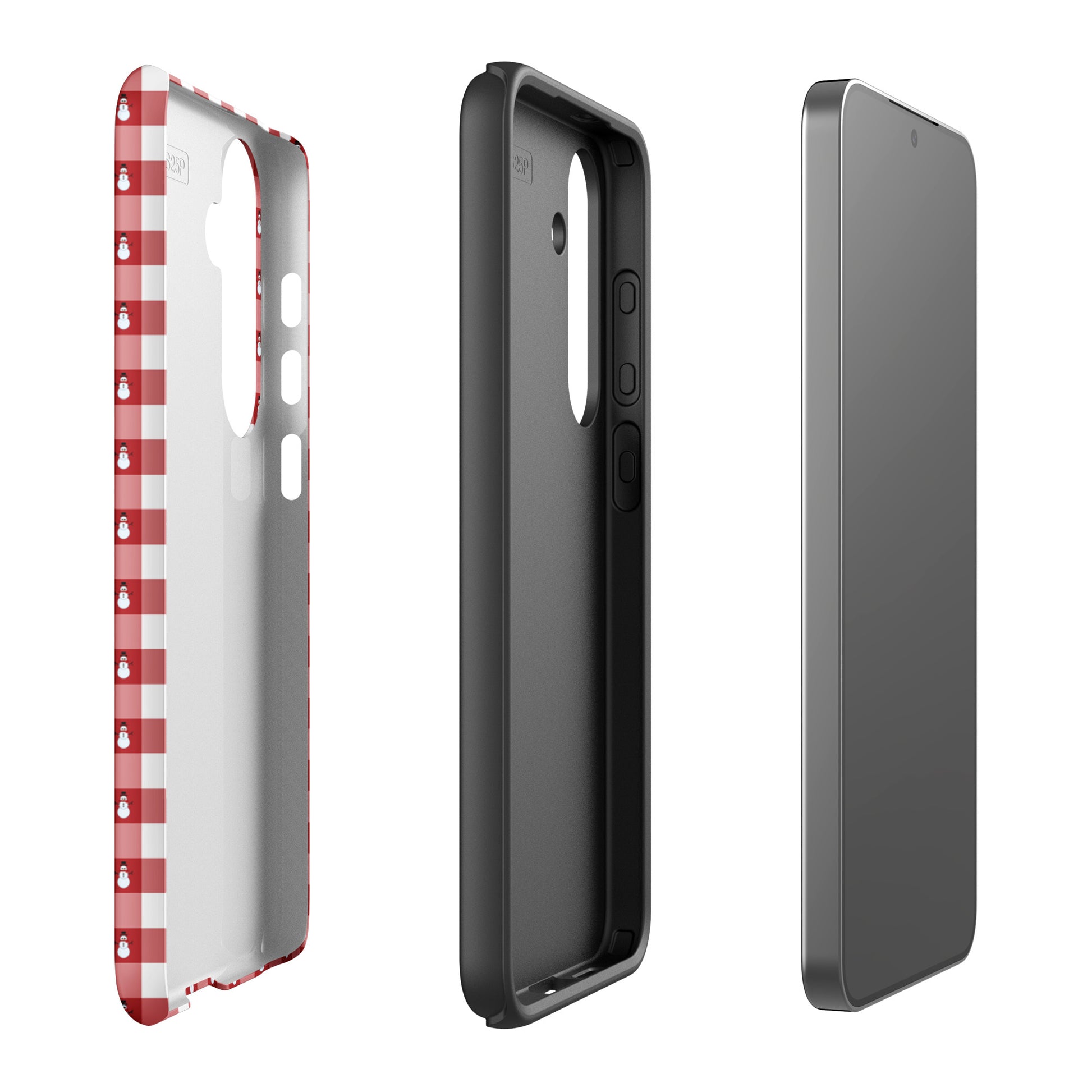 Phone Case for Samsung Galaxy with snowman gingham winter design showcasing three-piece protective features.