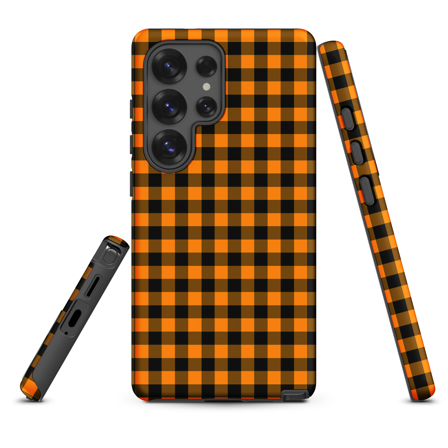 Black-and-orange gingham phone case for Samsung Galaxy in autumn theme, showcasing modern design and durable craftsmanship.