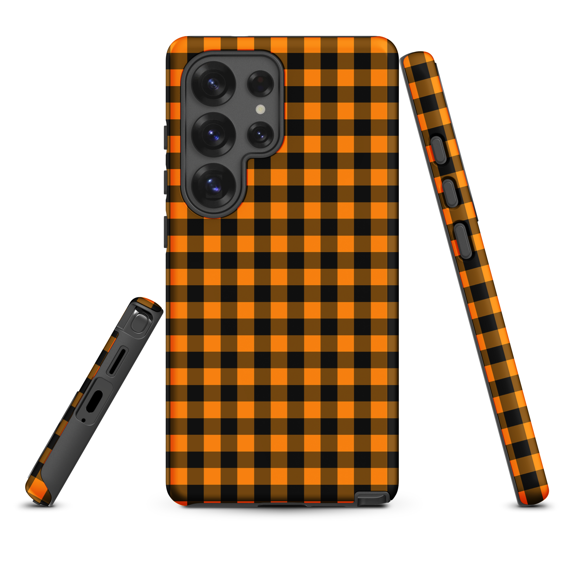 Black-and-orange gingham phone case for Samsung Galaxy in autumn theme, showcasing modern design and durable craftsmanship.