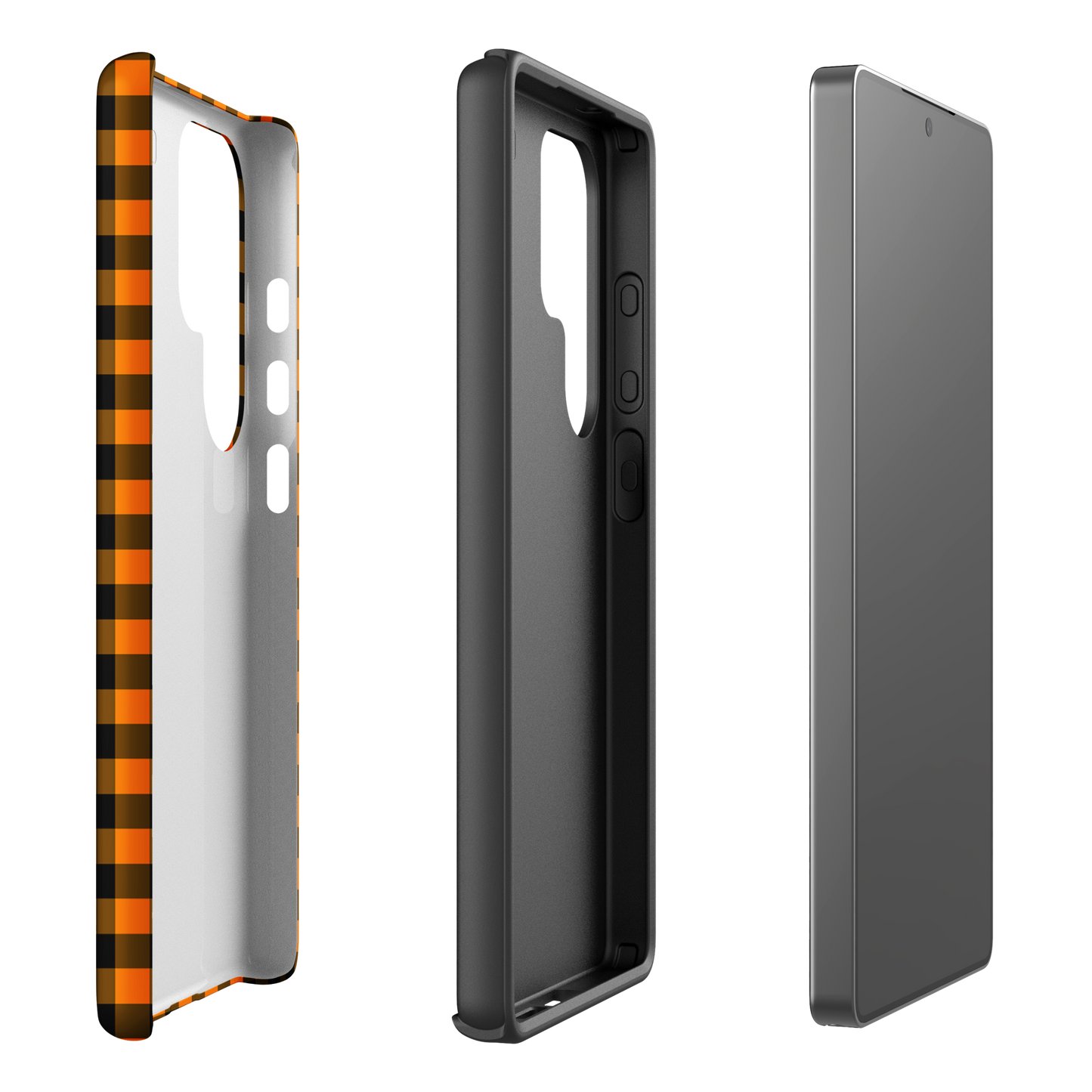 Phone case for Samsung Galaxy with black-and-orange gingham Autumn theme, showcasing stylish design and premium durability.