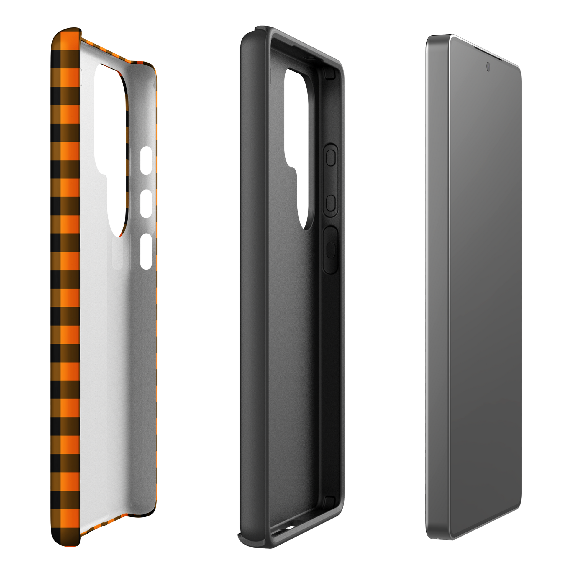 Phone case for Samsung Galaxy with black-and-orange gingham Autumn theme, showcasing stylish design and premium durability.