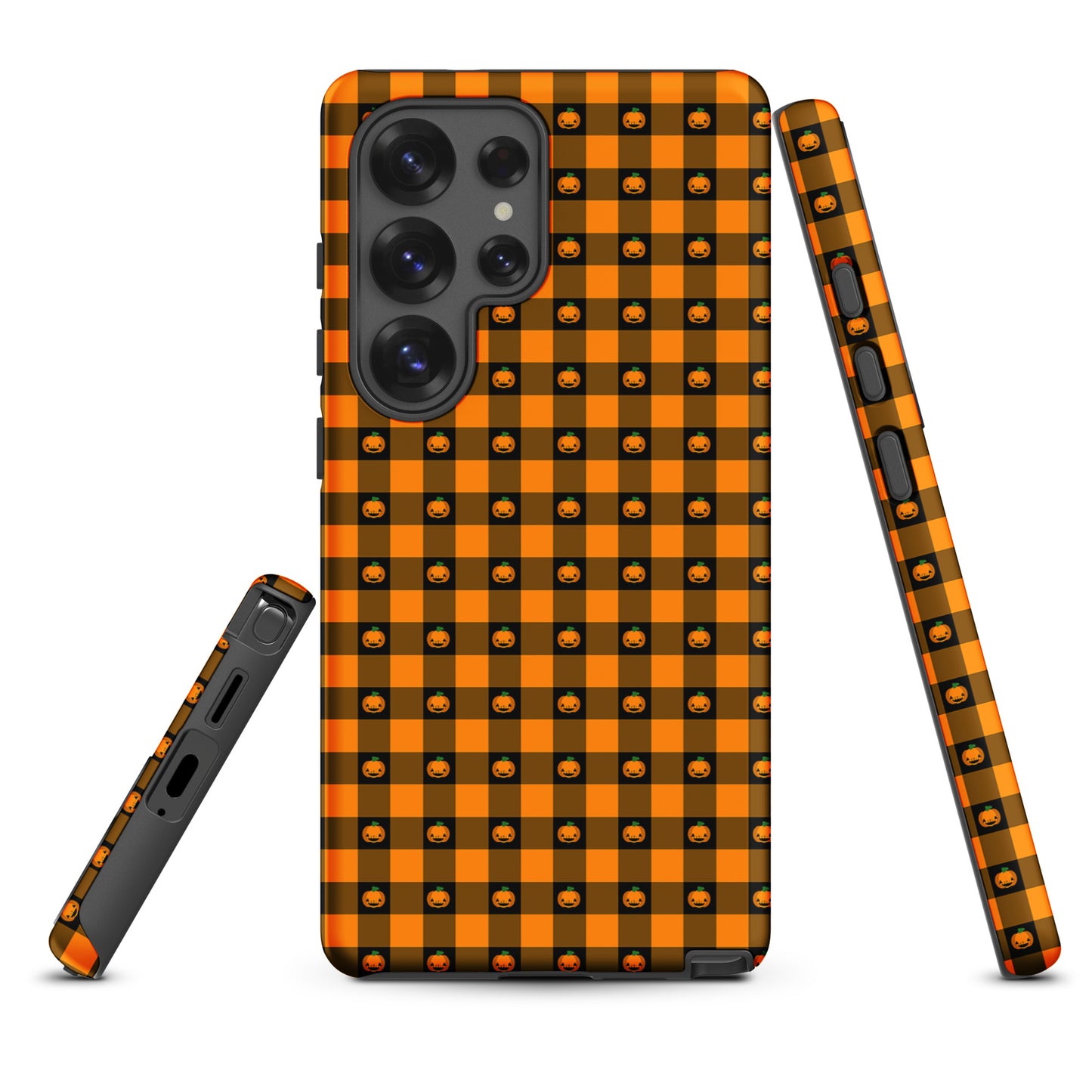 Phone Case for Samsung Galaxy with playful pumpkin gingham Halloween design featuring jack-o’-lanterns, perfect for festive celebrations.