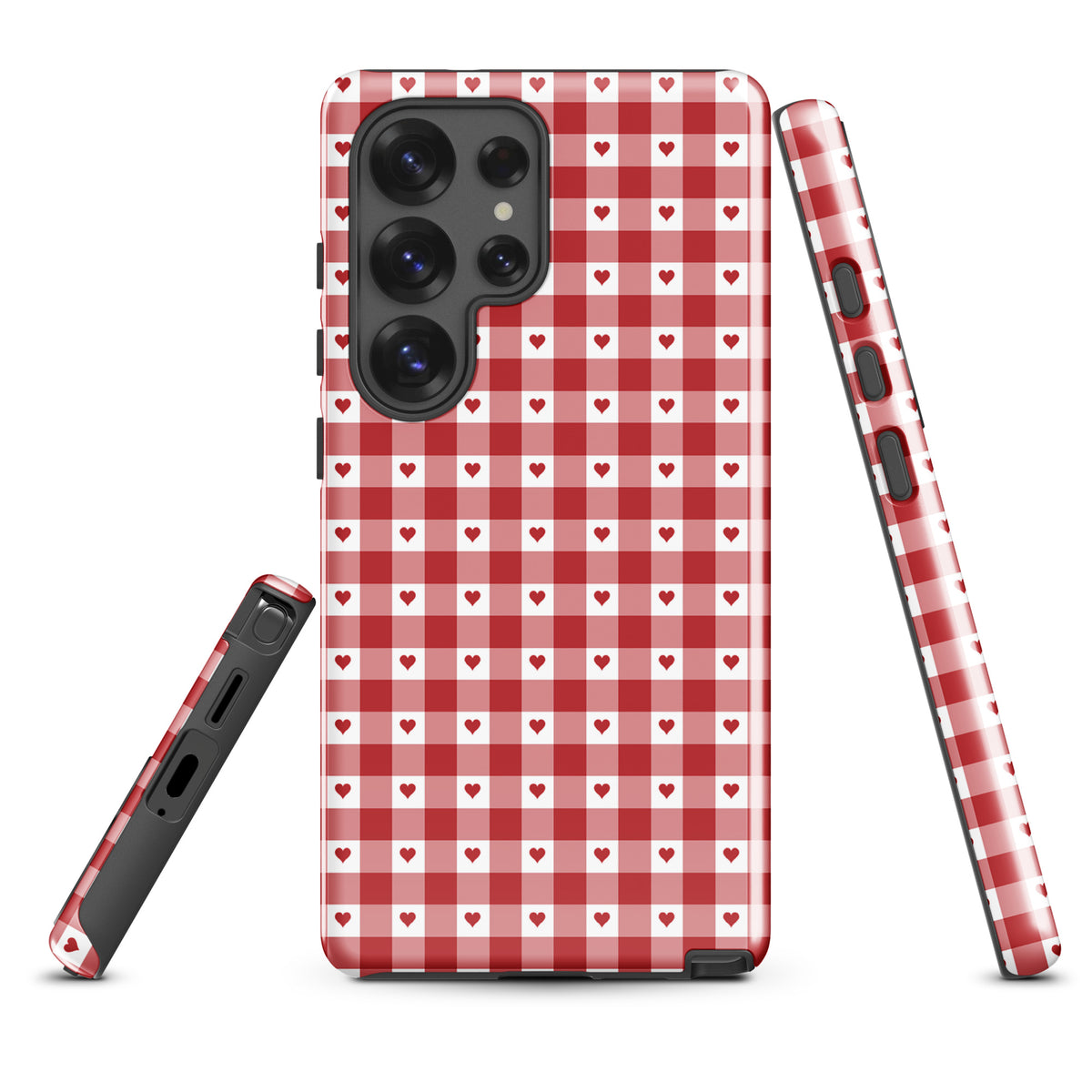 Phone Case for Samsung Galaxy with red gingham heart pattern, combines style and durability for a chic, modern accessory.
