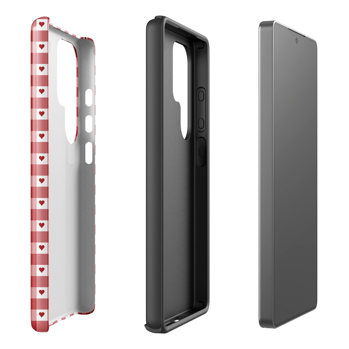 Phone Case for Samsung Galaxy with red gingham heart pattern, durable and stylish design, showcasing front, back, and side views.