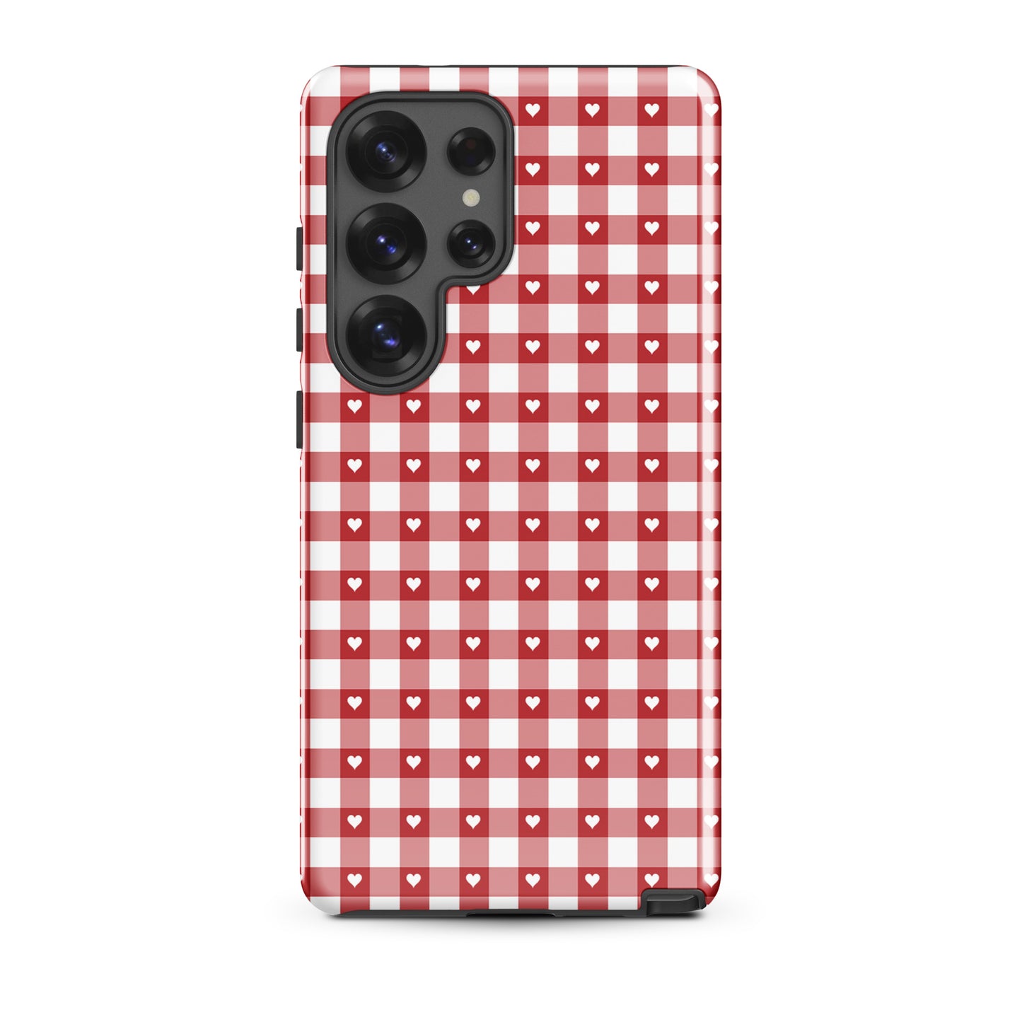 Phone Case for Samsung Galaxy in red and white gingham pattern with white hearts, showcasing style and protection.