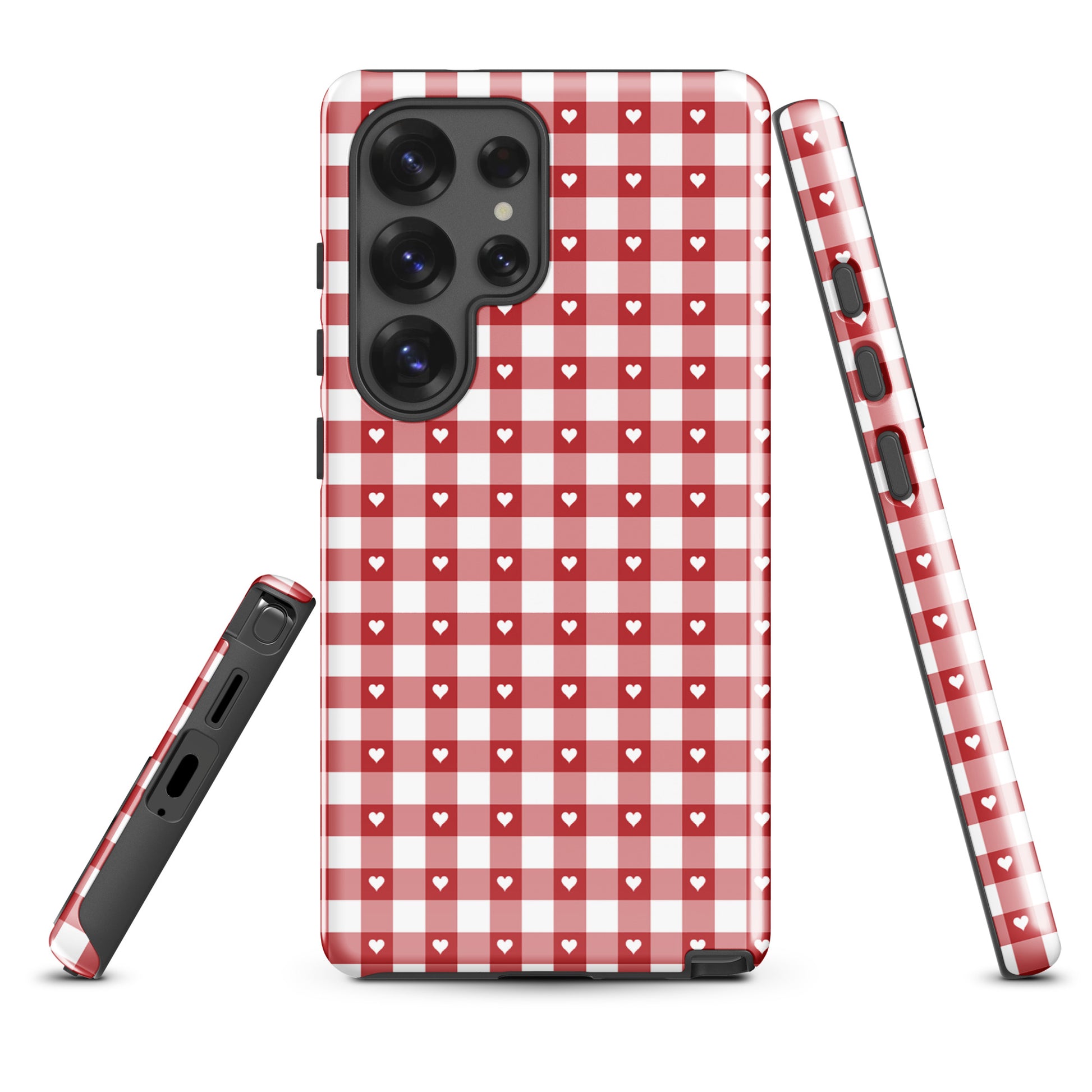 Phone Case for Samsung Galaxy with red and white gingham pattern featuring white hearts for stylish protection.
