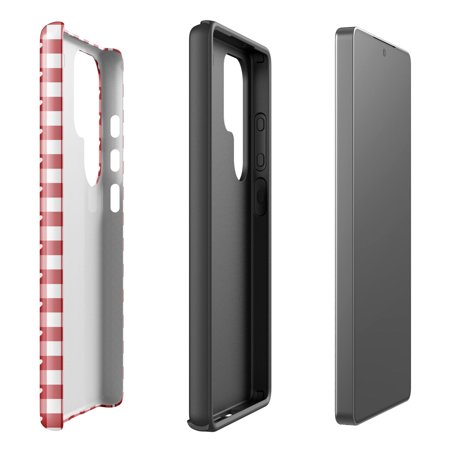 Phone Case for Samsung Galaxy with red and white gingham pattern featuring white hearts, showcasing style and protection.