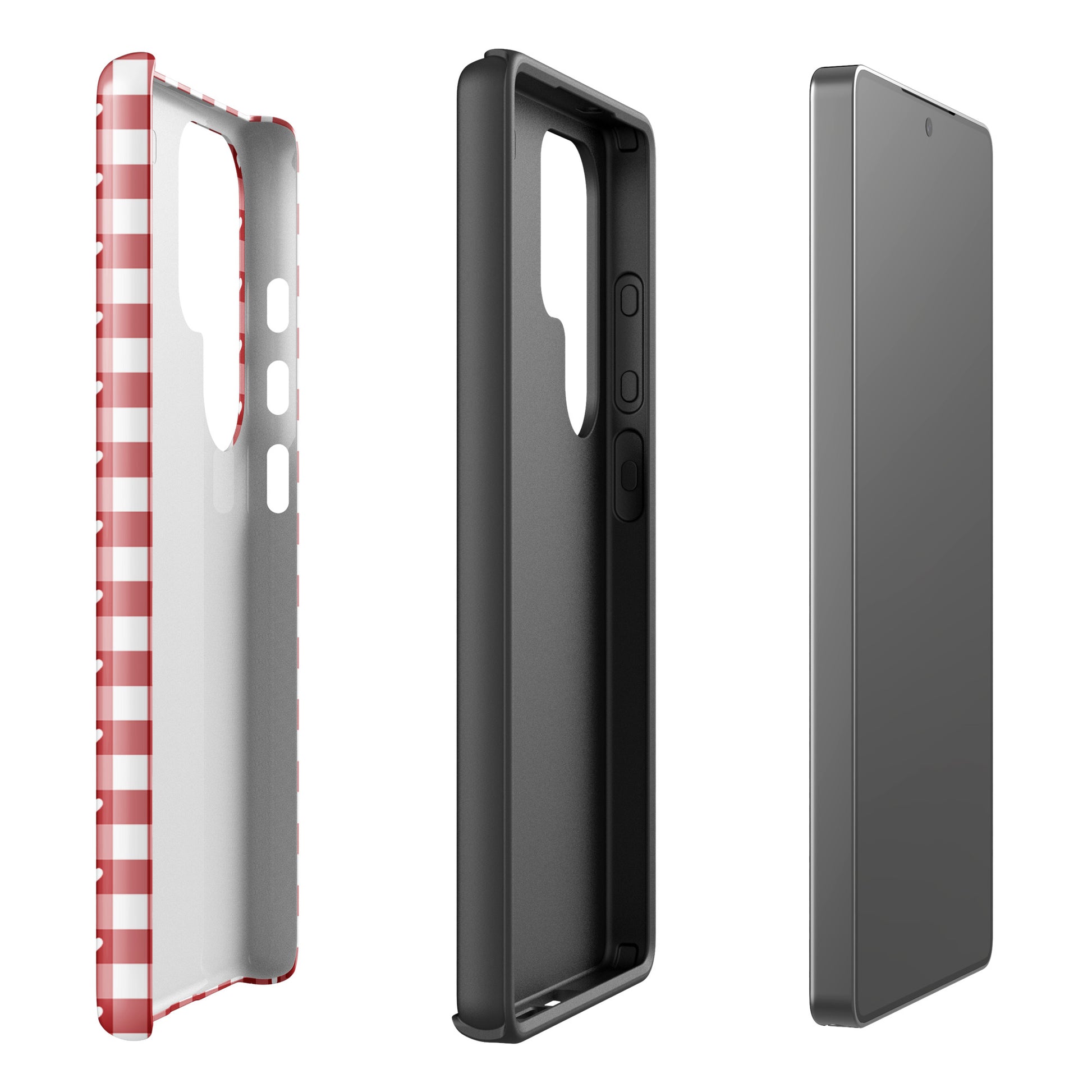 Phone Case for Samsung Galaxy with red and white gingham pattern featuring white hearts, showcasing style and protection.