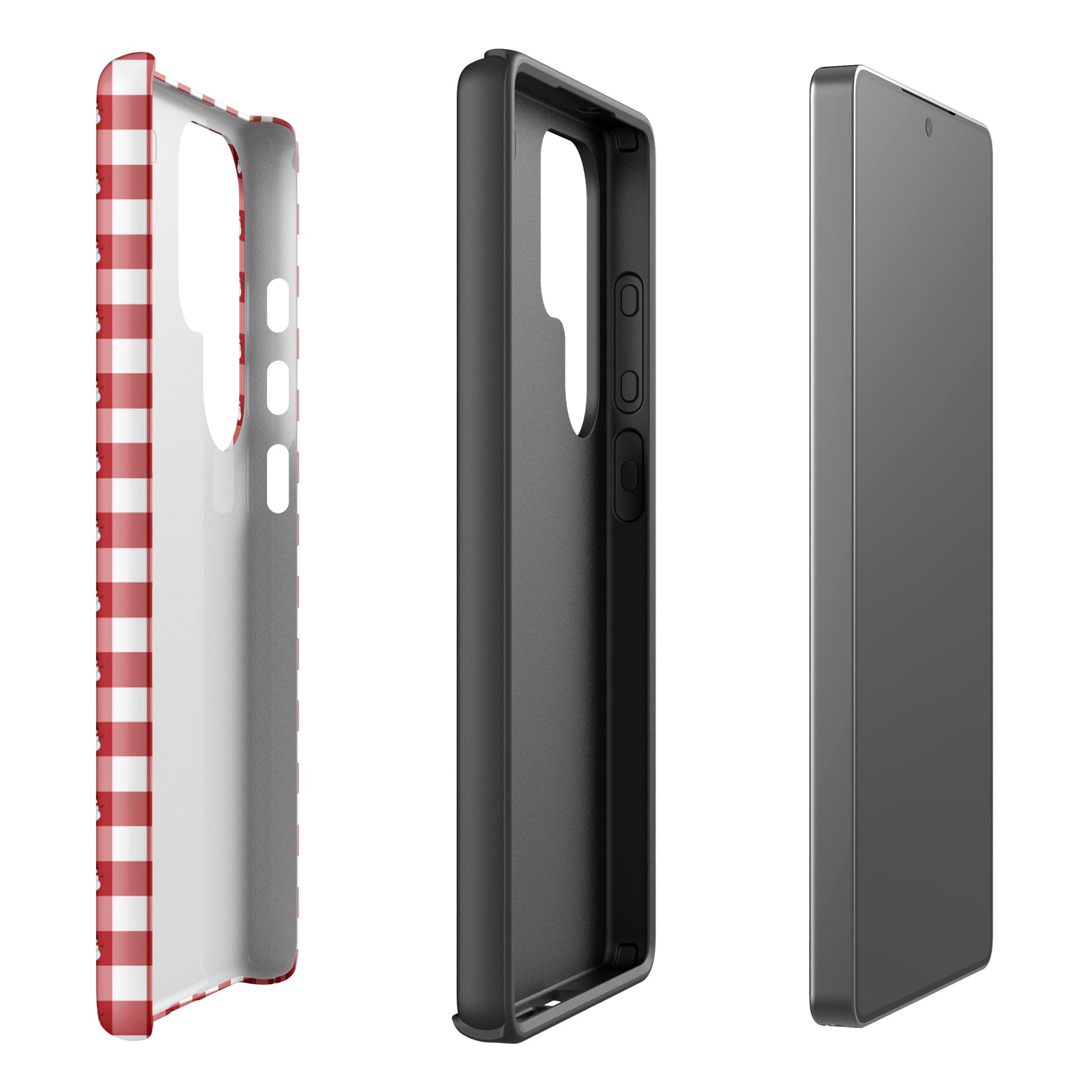 Phone Case for Samsung Galaxy with red snowman gingham design showing side and inner views, adding festive style and protection.