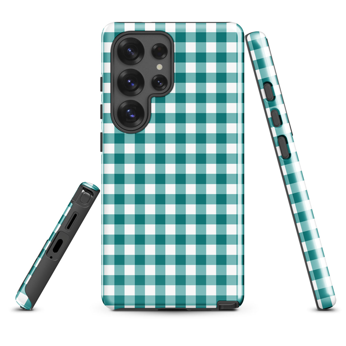 Phone Case for Samsung Galaxy in teal and white gingham pattern, combining style and protection with an elegant design.