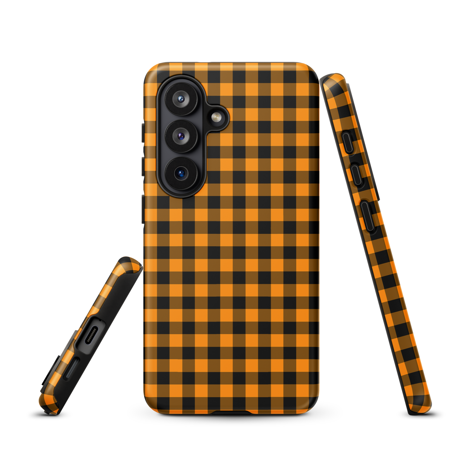 Black-and-orange gingham autumn theme phone case for Samsung Galaxy.