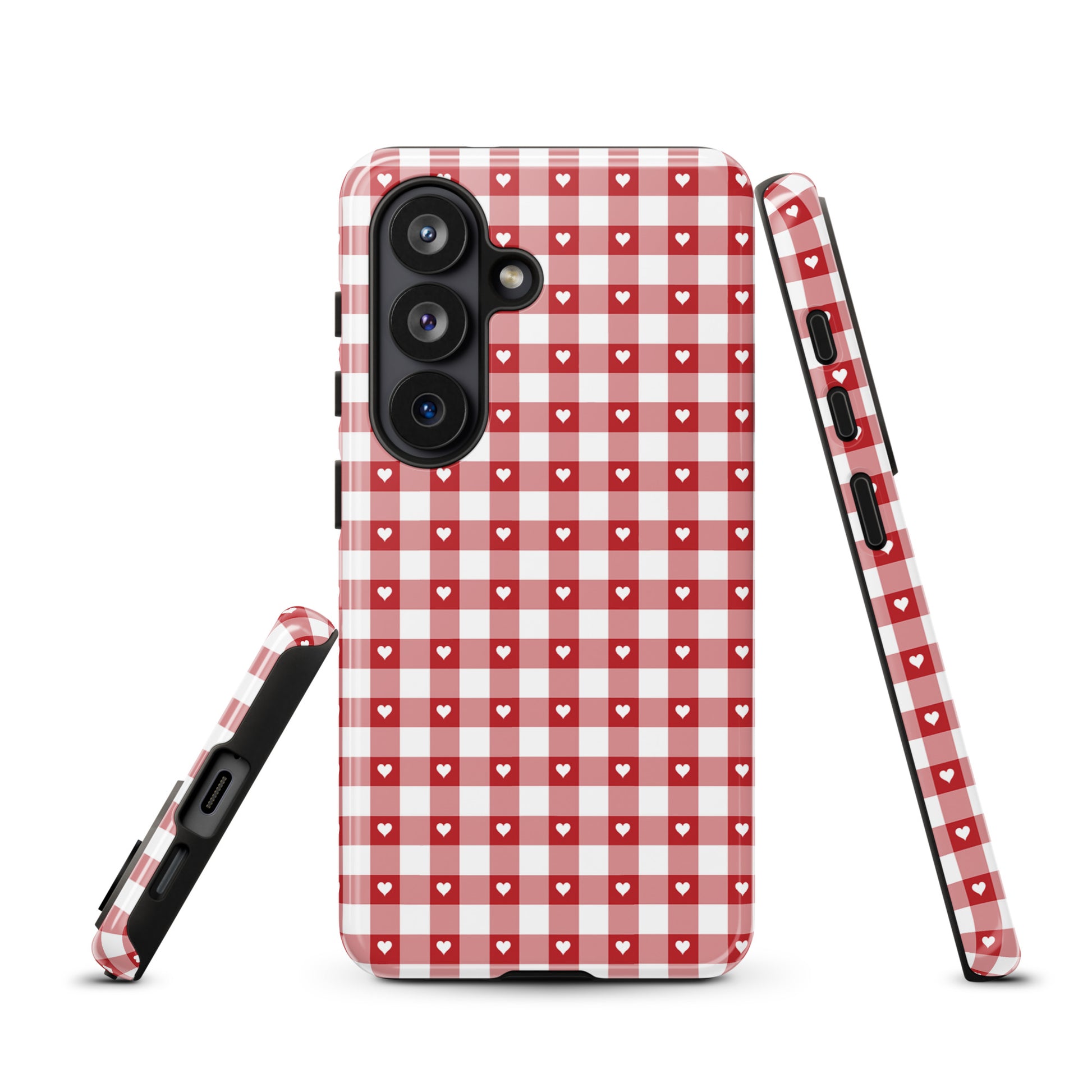 Phone Case for Samsung Galaxy with red-white gingham and heart pattern, offering stylish protection.