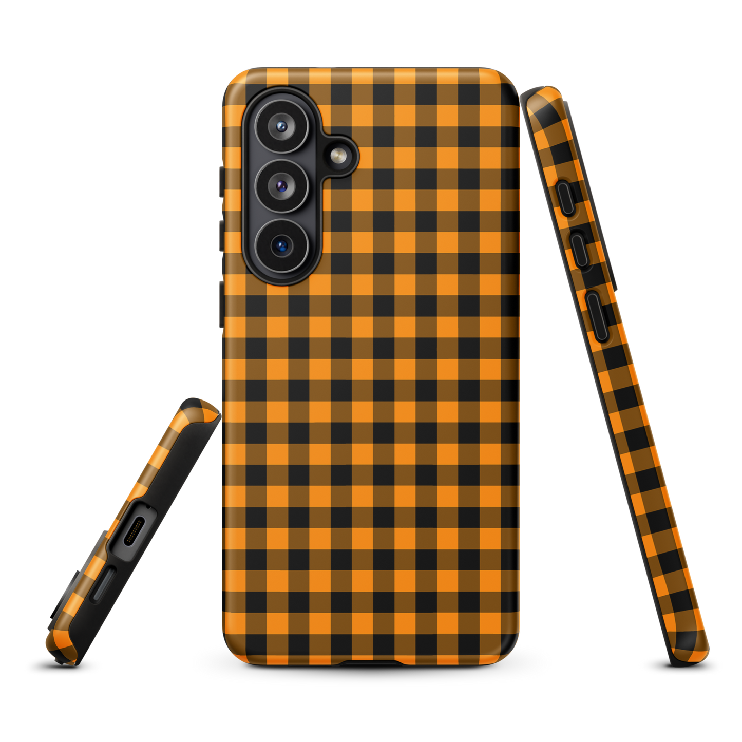 Stylish phone case for Samsung Galaxy with black-and-orange gingham autumn theme, combining durability and chic design.