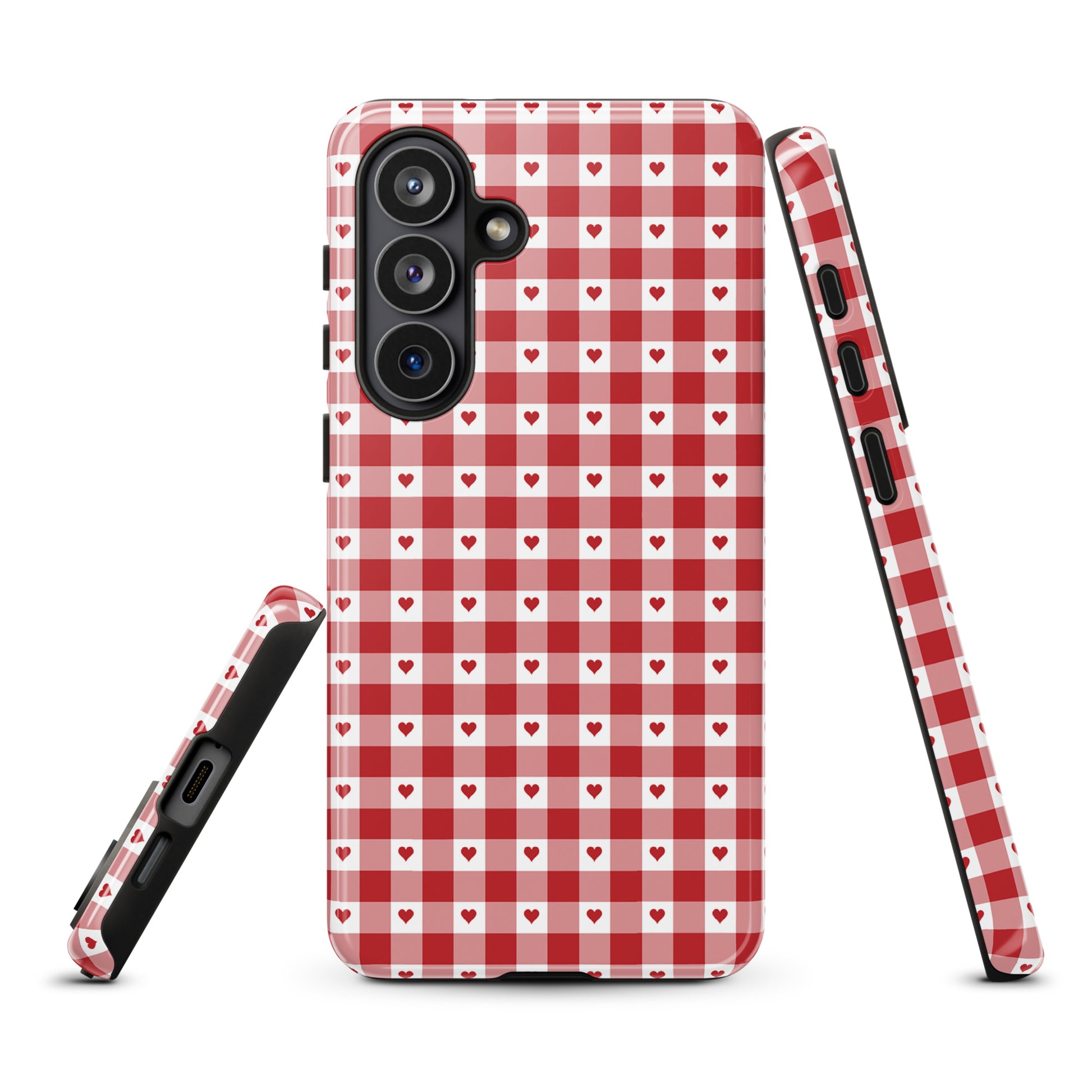 Phone Case for Samsung Galaxy with red gingham heart pattern design, showcasing luxury and durability.