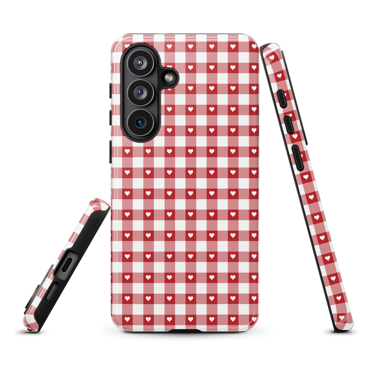 Phone Case for Samsung Galaxy with red and white gingham pattern featuring white hearts, stylish protection and chic accessory design.
