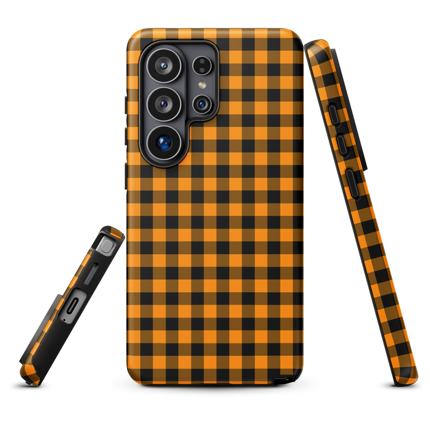 phone case for Samsung Galaxy with black-and-orange gingham Autum theme, stylish and durable design