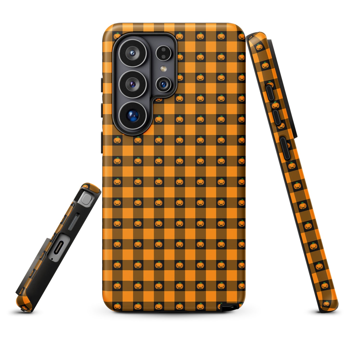 Phone Case for Samsung Galaxy with playful pumpkin gingham design, Halloween themed accessory for festive style.
