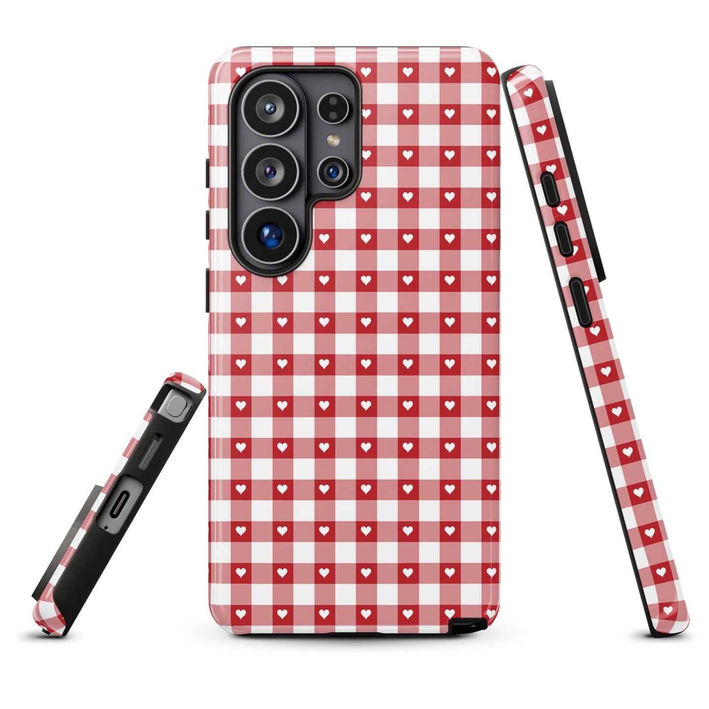 Phone Case for Samsung Galaxy with red and white gingham pattern and white hearts, offering style and protection.