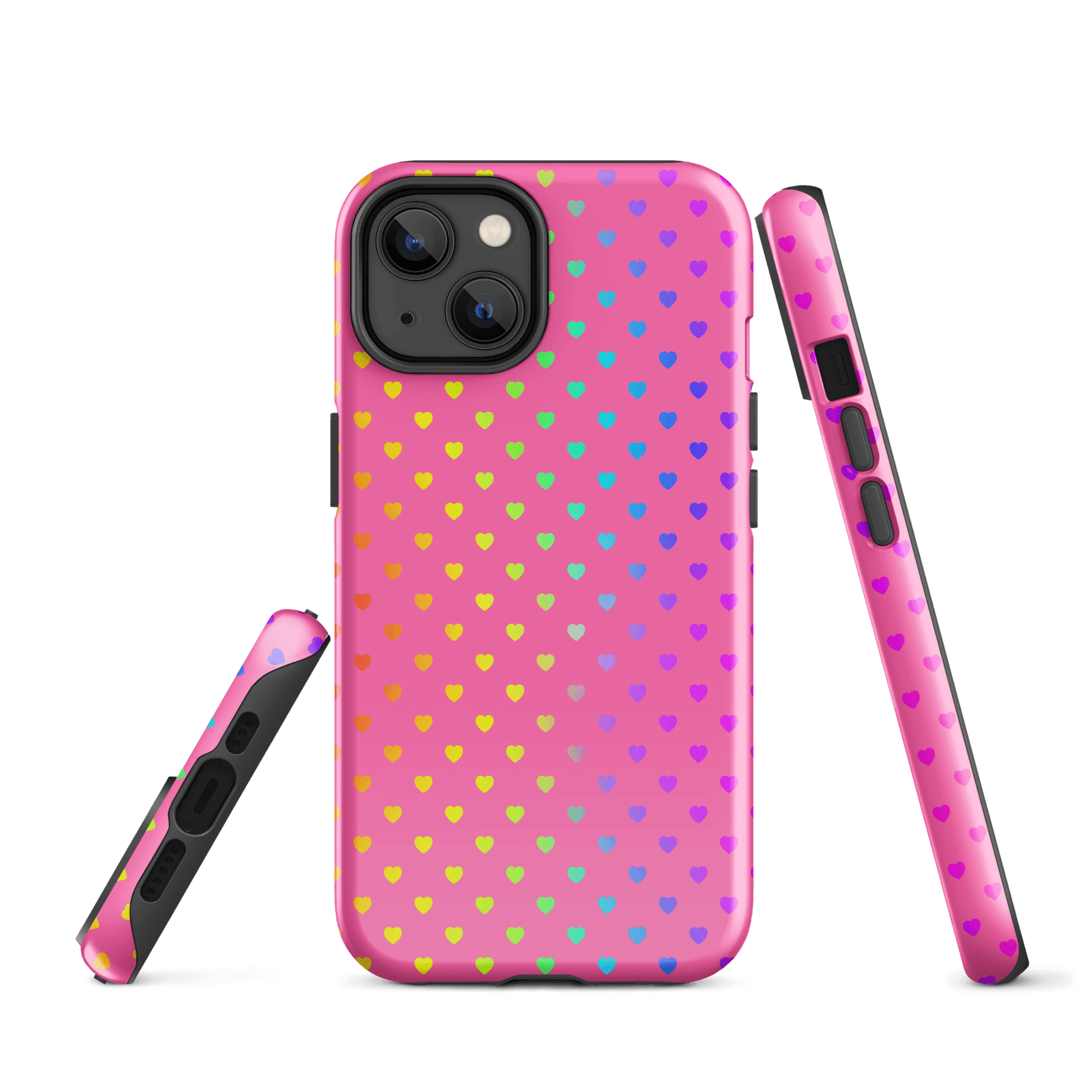 Phone Case for iPhone with cute rainbow hearts on pink background, showcasing vibrant colors and dual-layer protection.