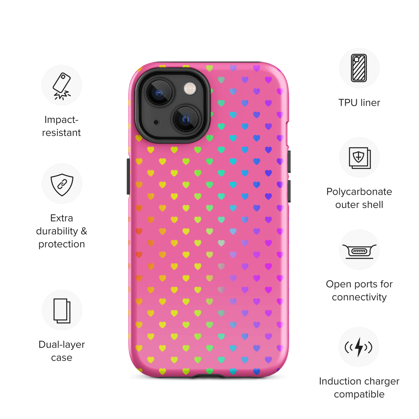 Phone Case for iPhone with rainbow hearts on pink background, dual-layer protection, cute and colorful design.