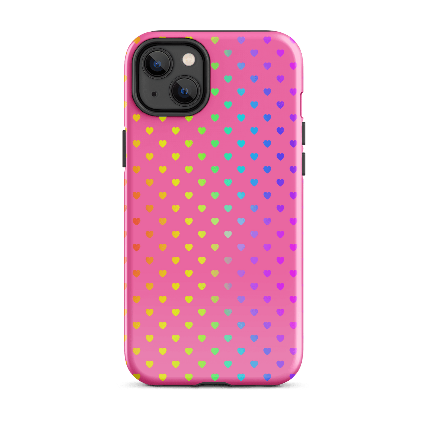 Phone Case for iPhone with colorful rainbow heart design on pink background, offering style and protection.