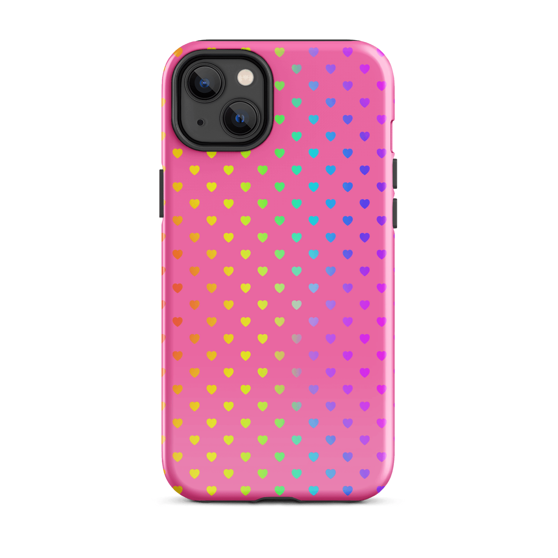 Phone Case for iPhone with colorful rainbow heart design on pink background, offering style and protection.