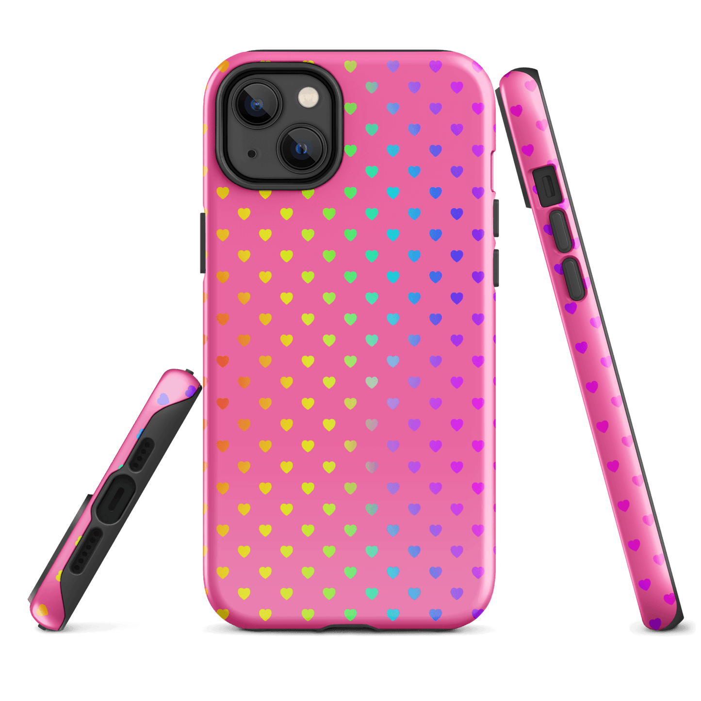 Phone Case for iPhone with cute rainbow hearts on pink background, showcasing vibrant and playful design with dual-layer protection.