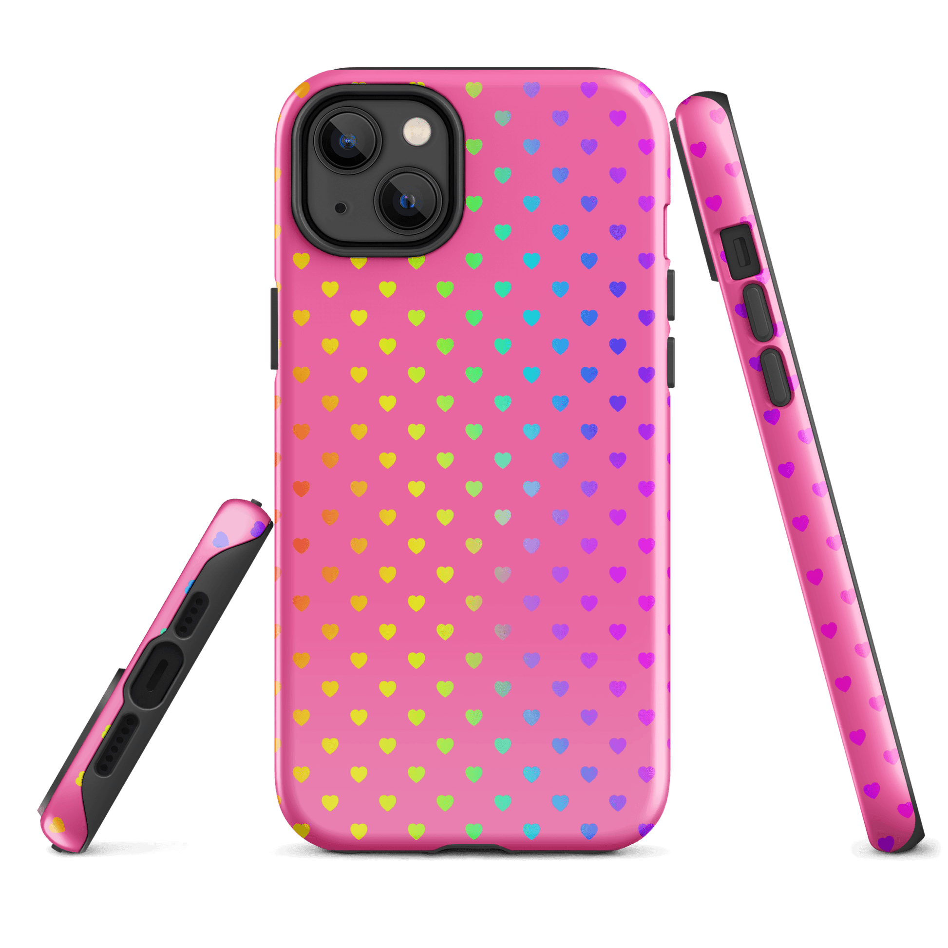 Phone Case for iPhone with cute rainbow hearts on pink background, showcasing vibrant and playful design with dual-layer protection.