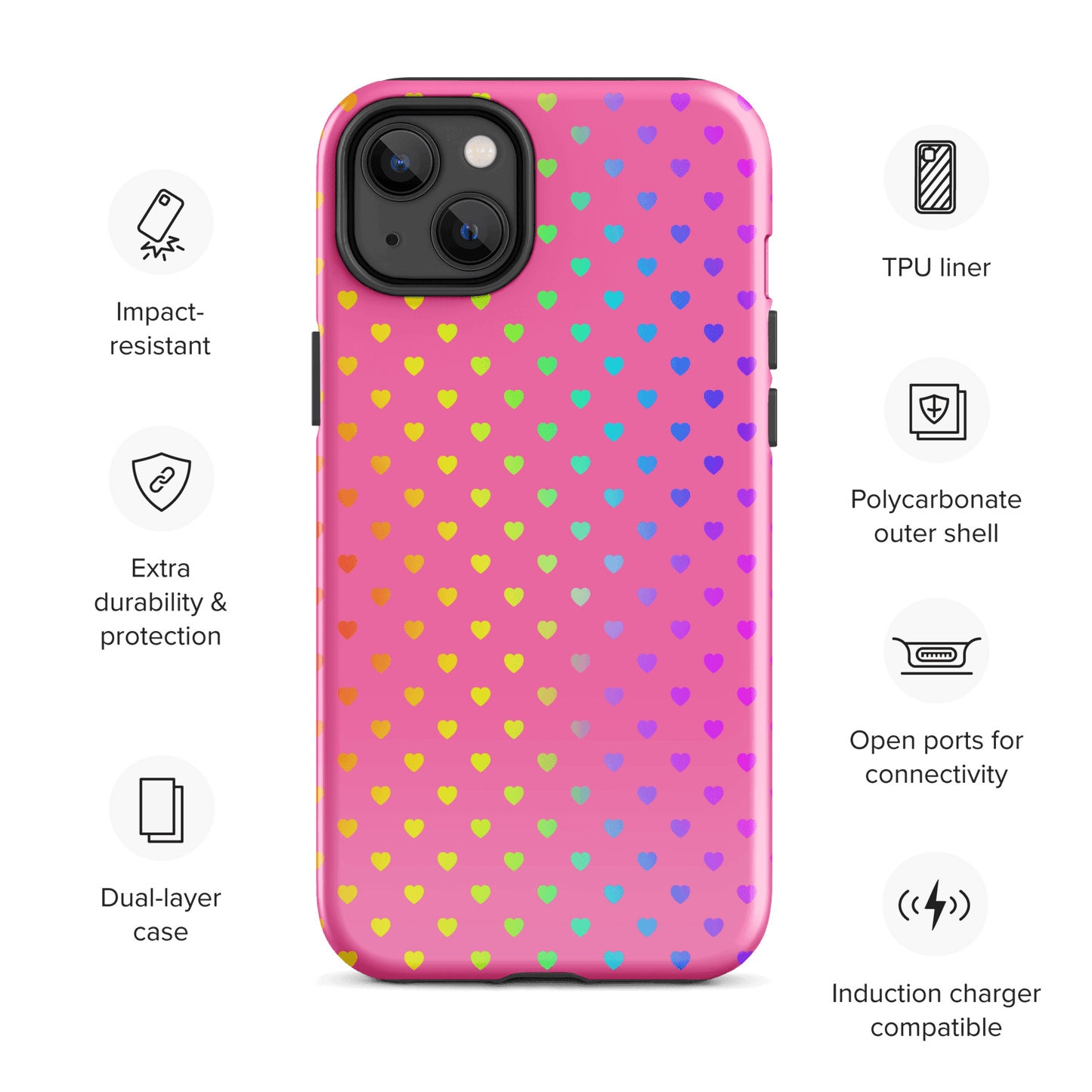 Phone Case for iPhone with rainbow hearts on pink background, dual-layer protection, cute design, cheerful vibe, and stylish accessory.