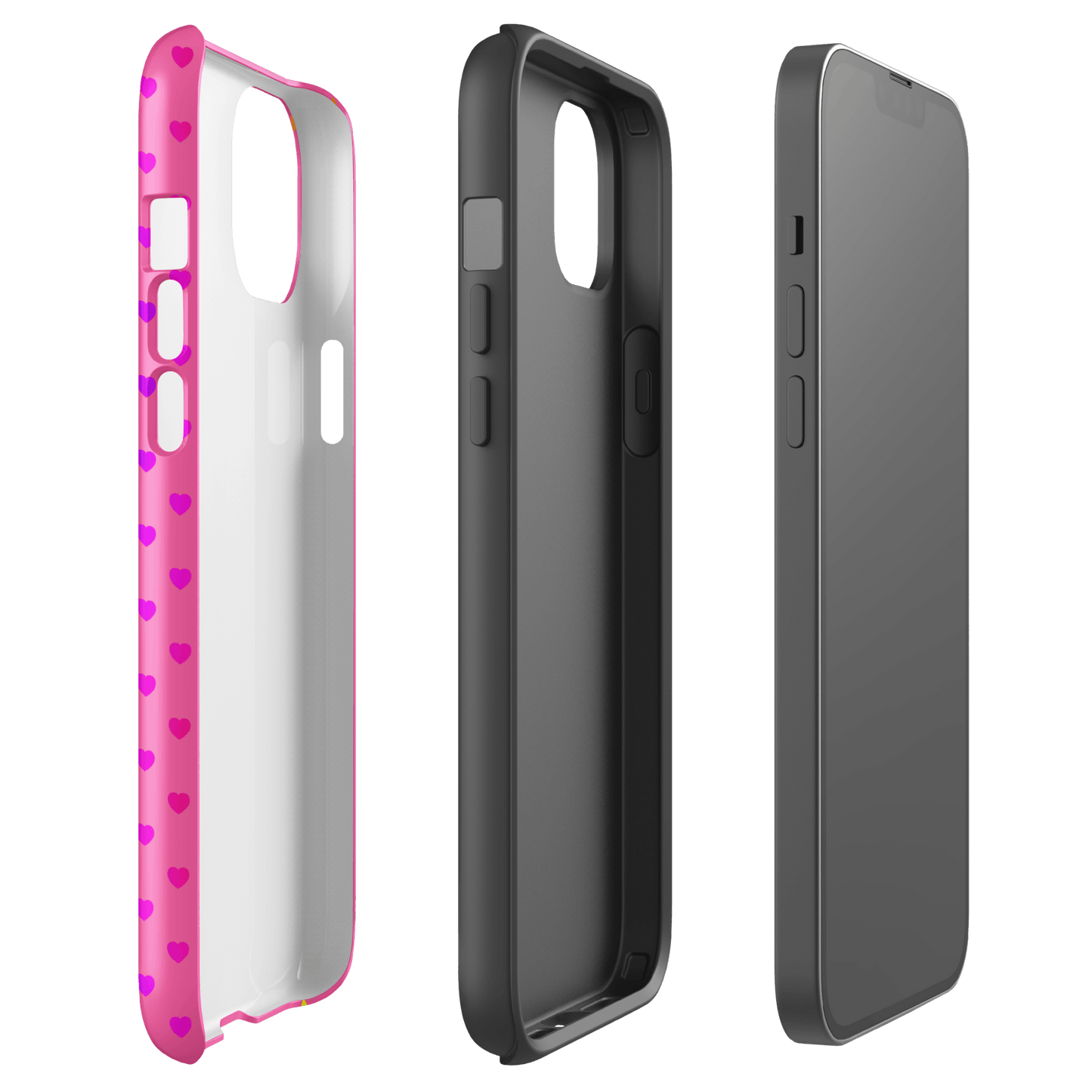 Phone Case for iPhone with cute rainbow heart design on pink backdrop, showcasing dual-layer protection.