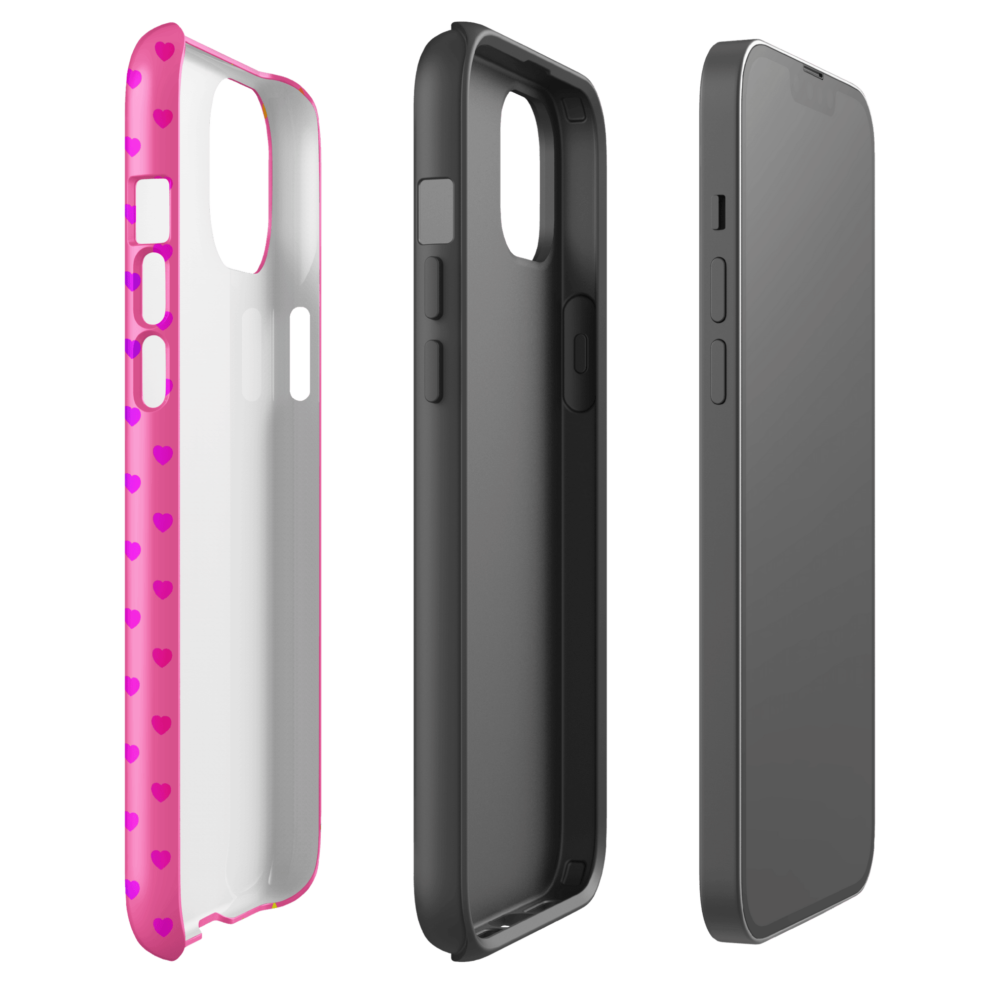 Phone Case for iPhone with cute rainbow heart design on pink backdrop, showcasing dual-layer protection.