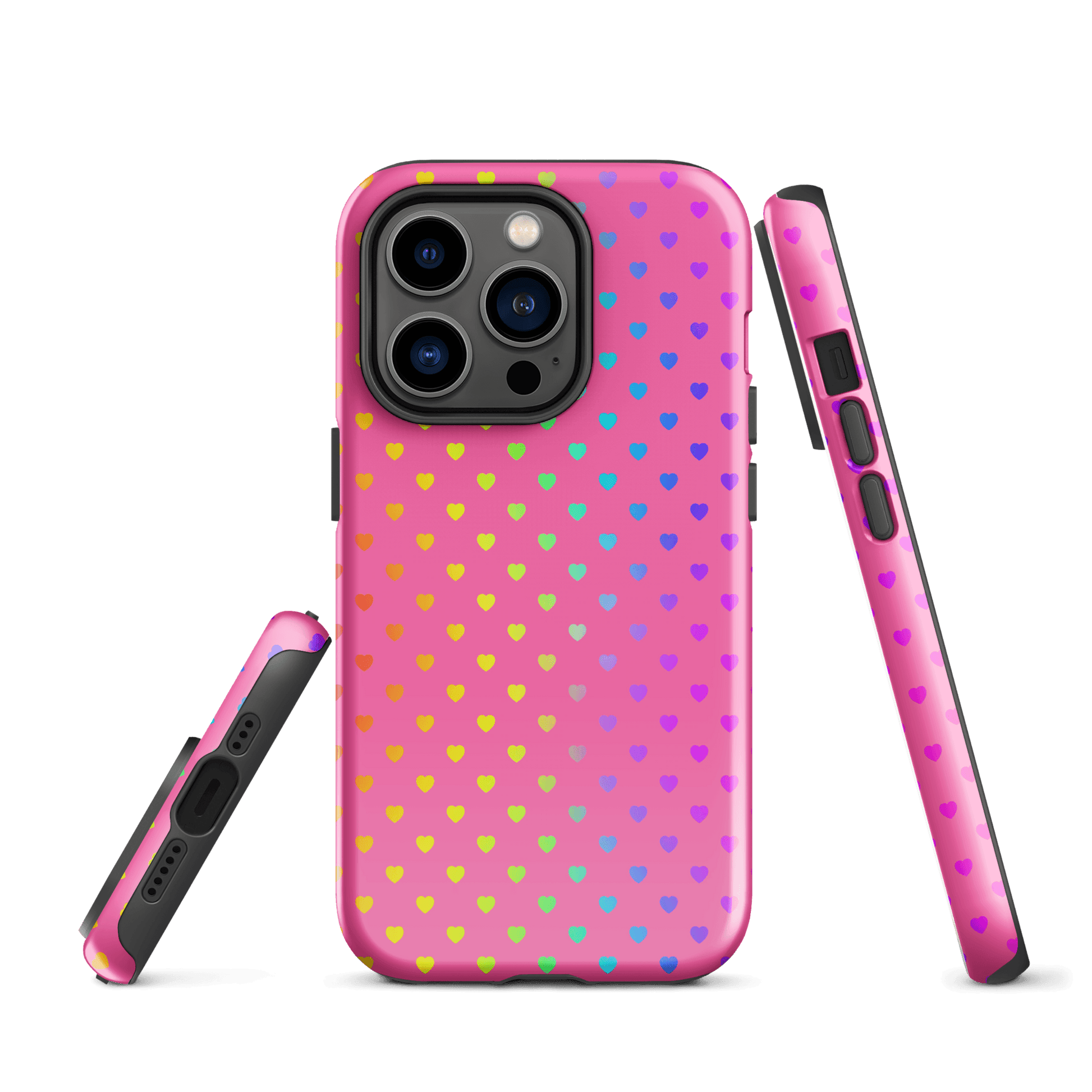 Phone Case for iPhone with colorful rainbow hearts on a pink background, showcasing a playful and vibrant design.