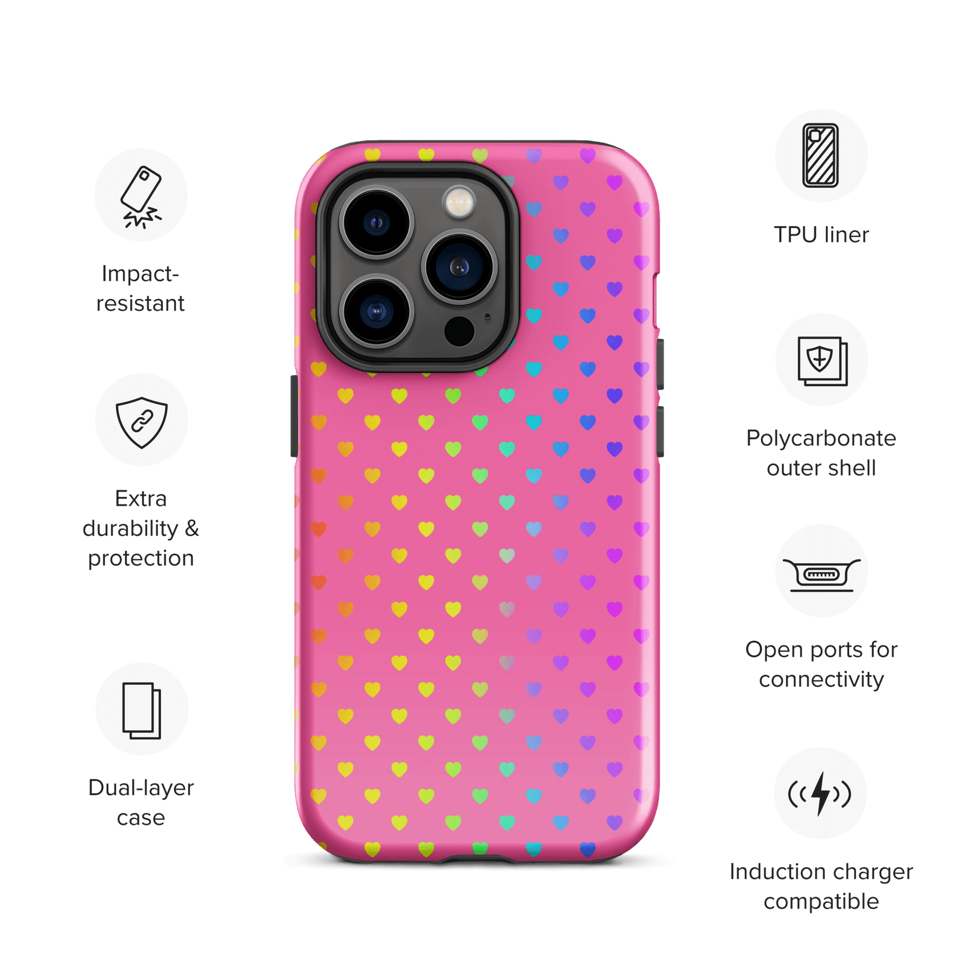 Phone Case for iPhone with cute rainbow heart design on pink background.
