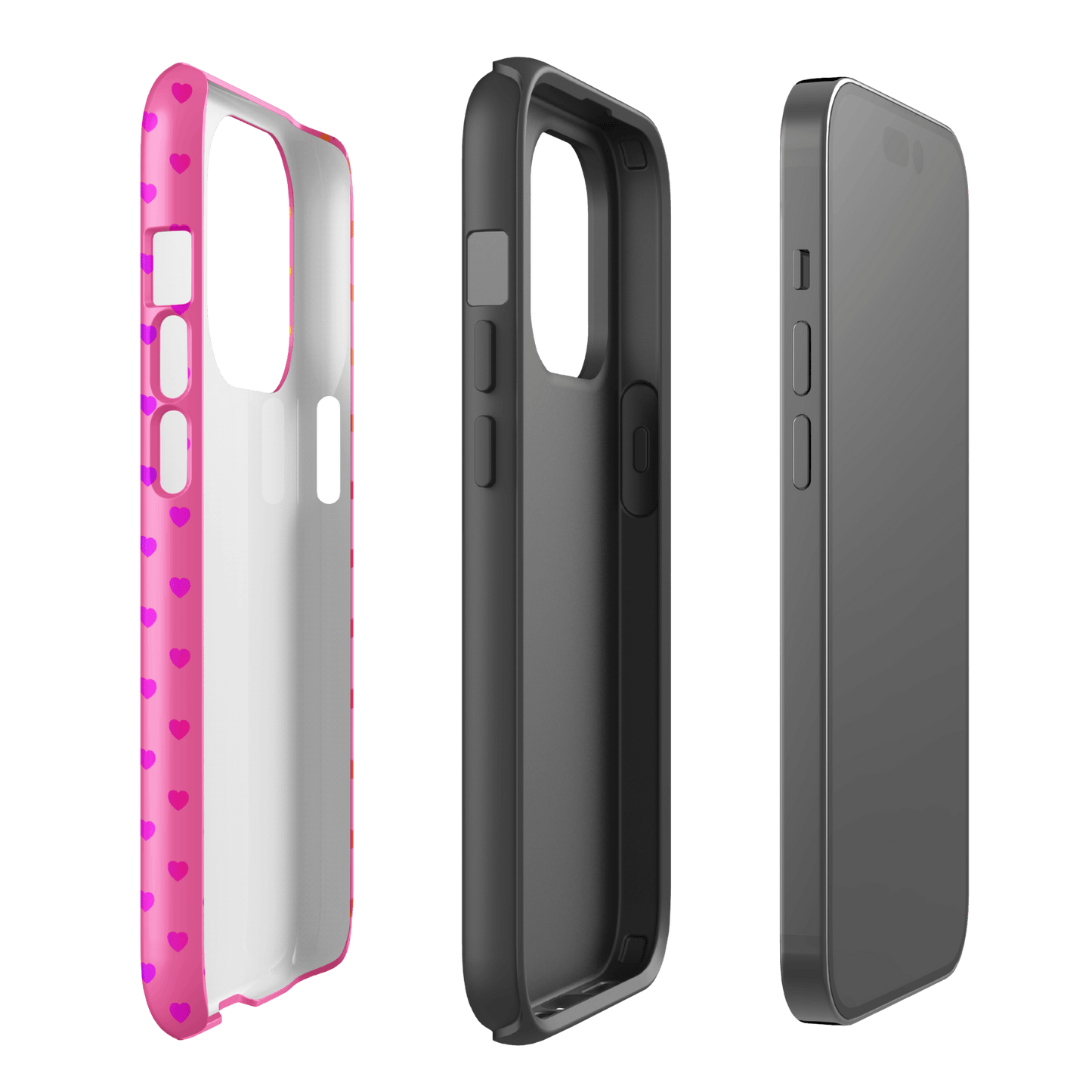 Phone Case for iPhone with cute rainbow hearts design on pink backdrop, showcasing dual-layer protection and playful charm.