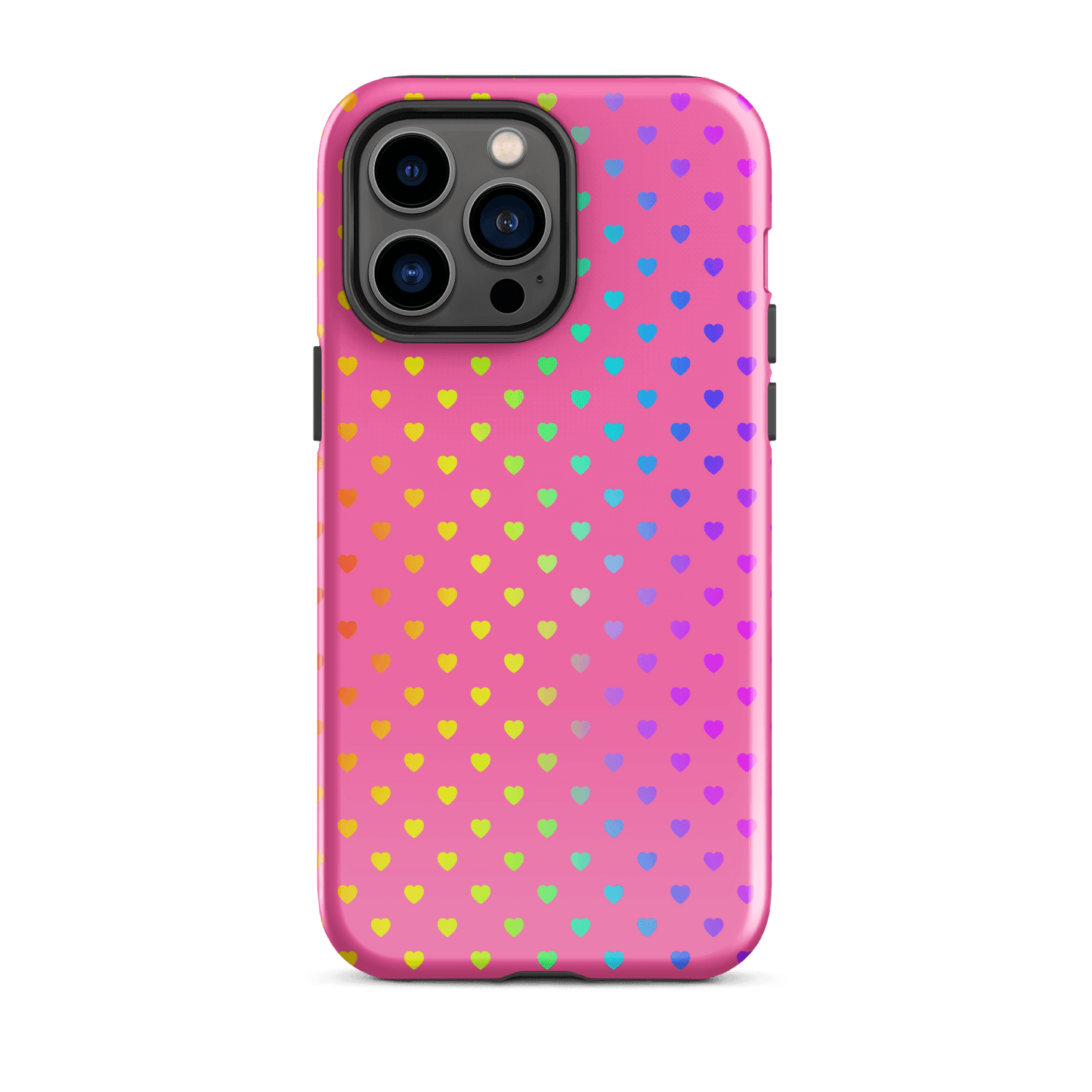 Phone Case for iPhone with cute rainbow hearts on pink background, dual-layer design for protection, playful and vibrant accessory.