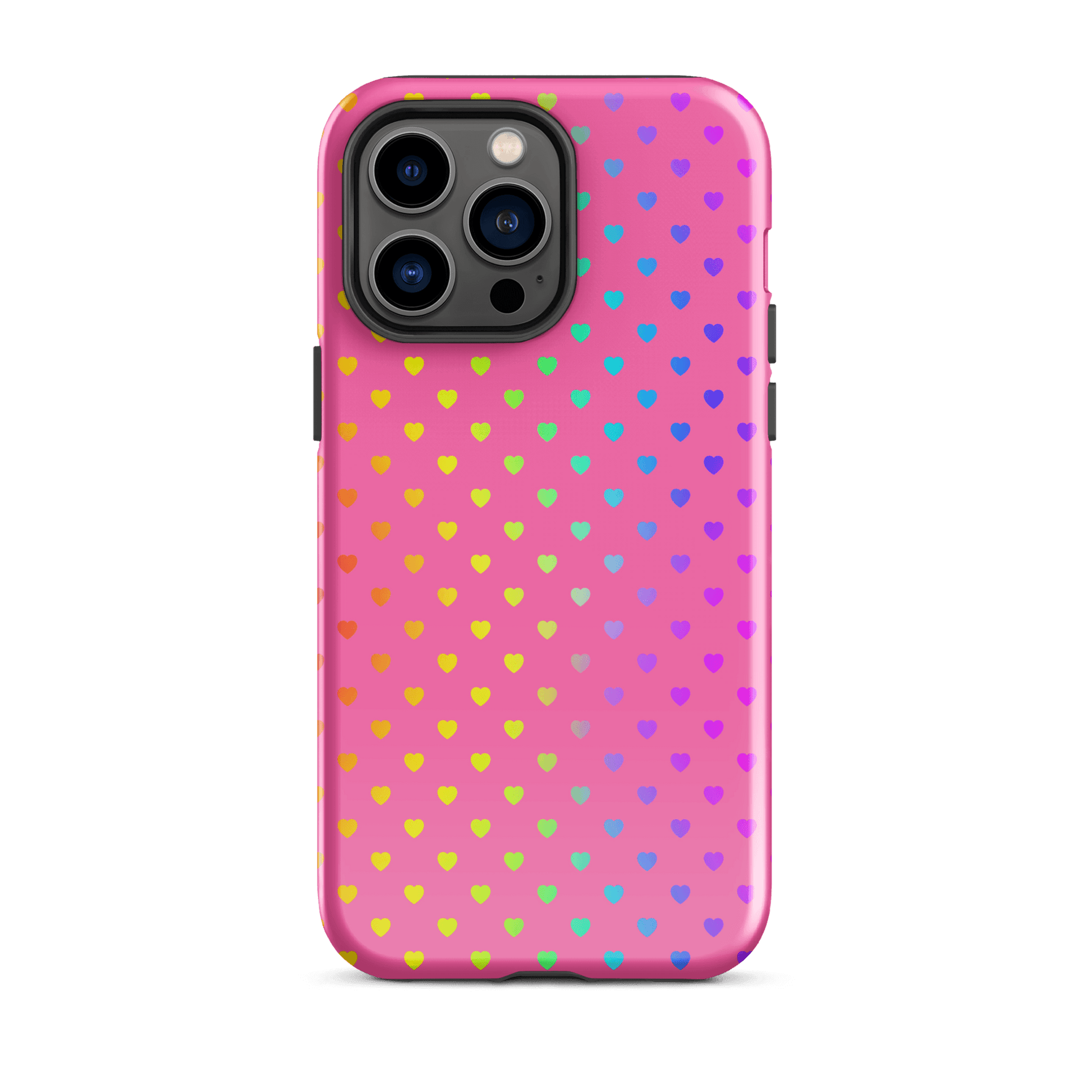 Phone Case for iPhone with cute rainbow hearts on pink background, dual-layer design for protection, playful and vibrant accessory.
