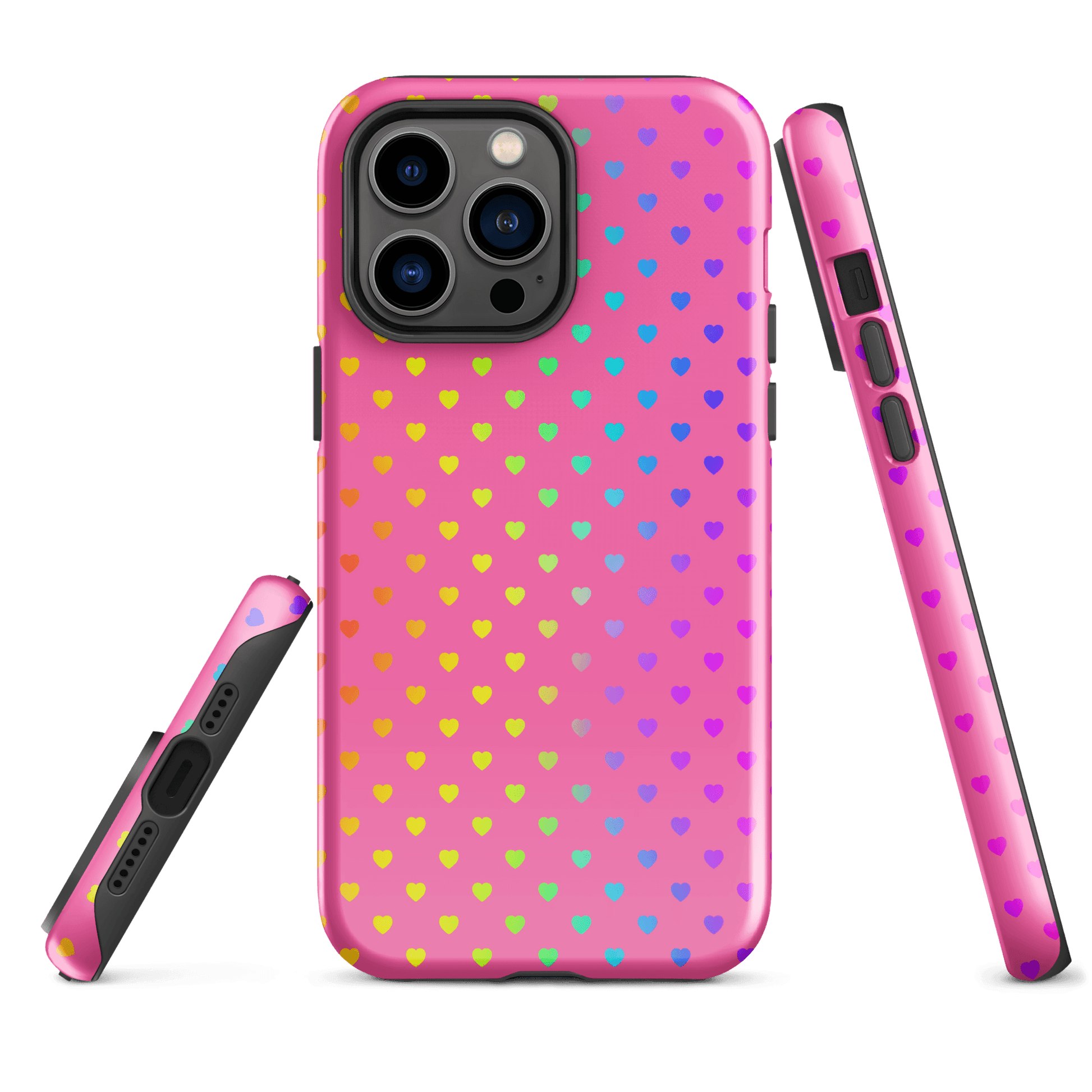 Phone Case for iPhone with cute rainbow heart design on pink background