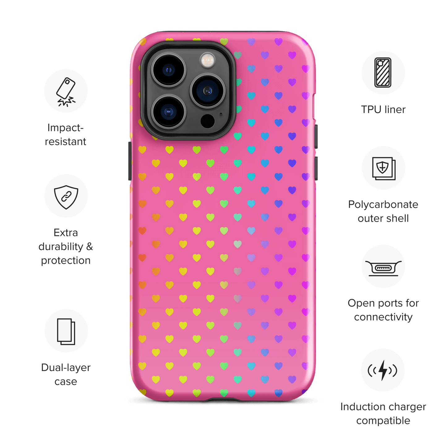 Phone Case for iPhone with rainbow hearts on pink background