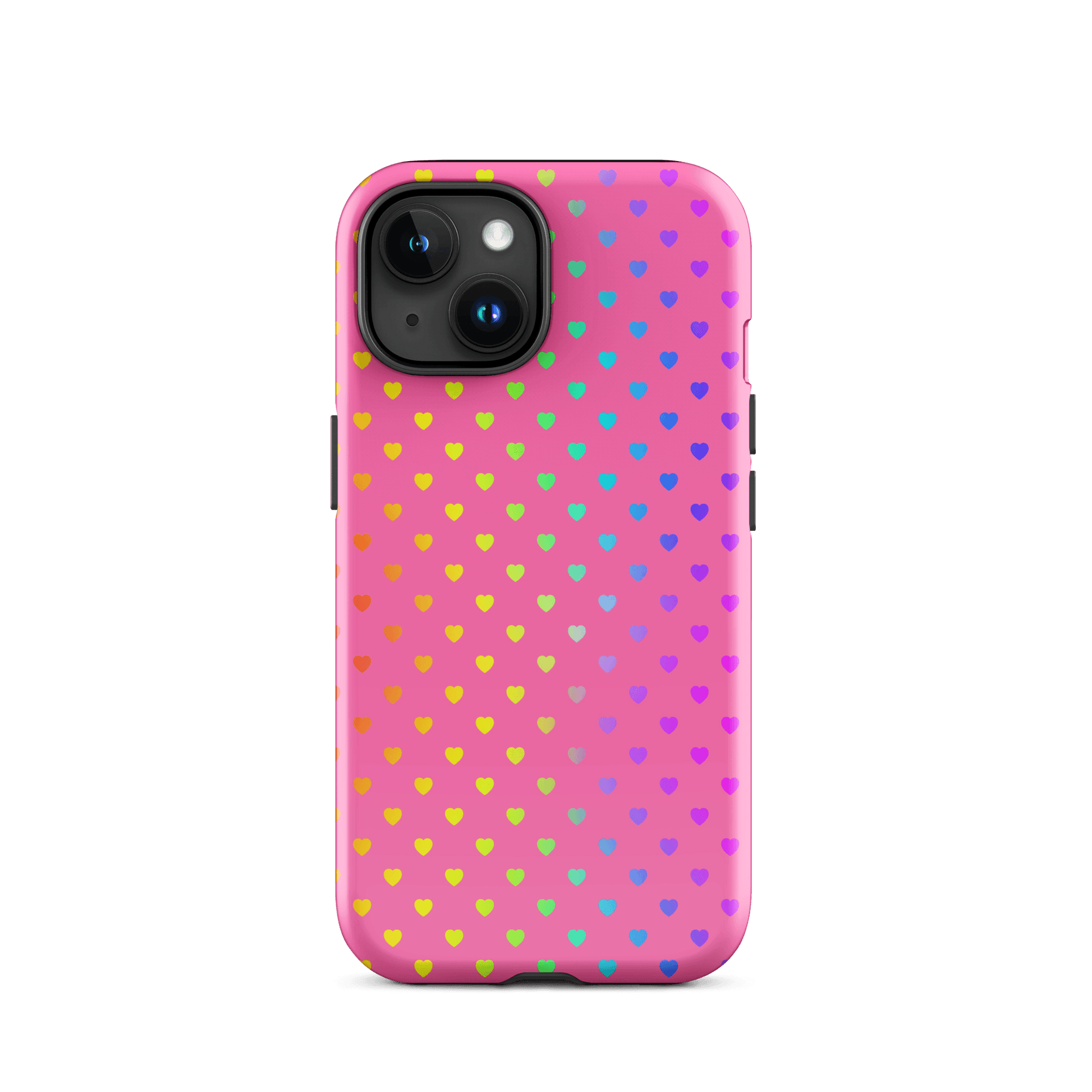 Phone Case for iPhone with cute rainbow hearts on pink background, offering vibrant design and protection.