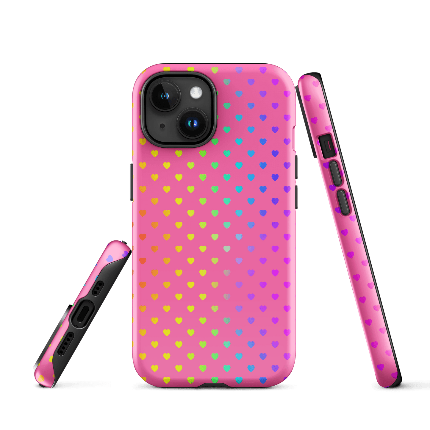 Phone Case for iPhone with cute rainbow hearts on pink background.