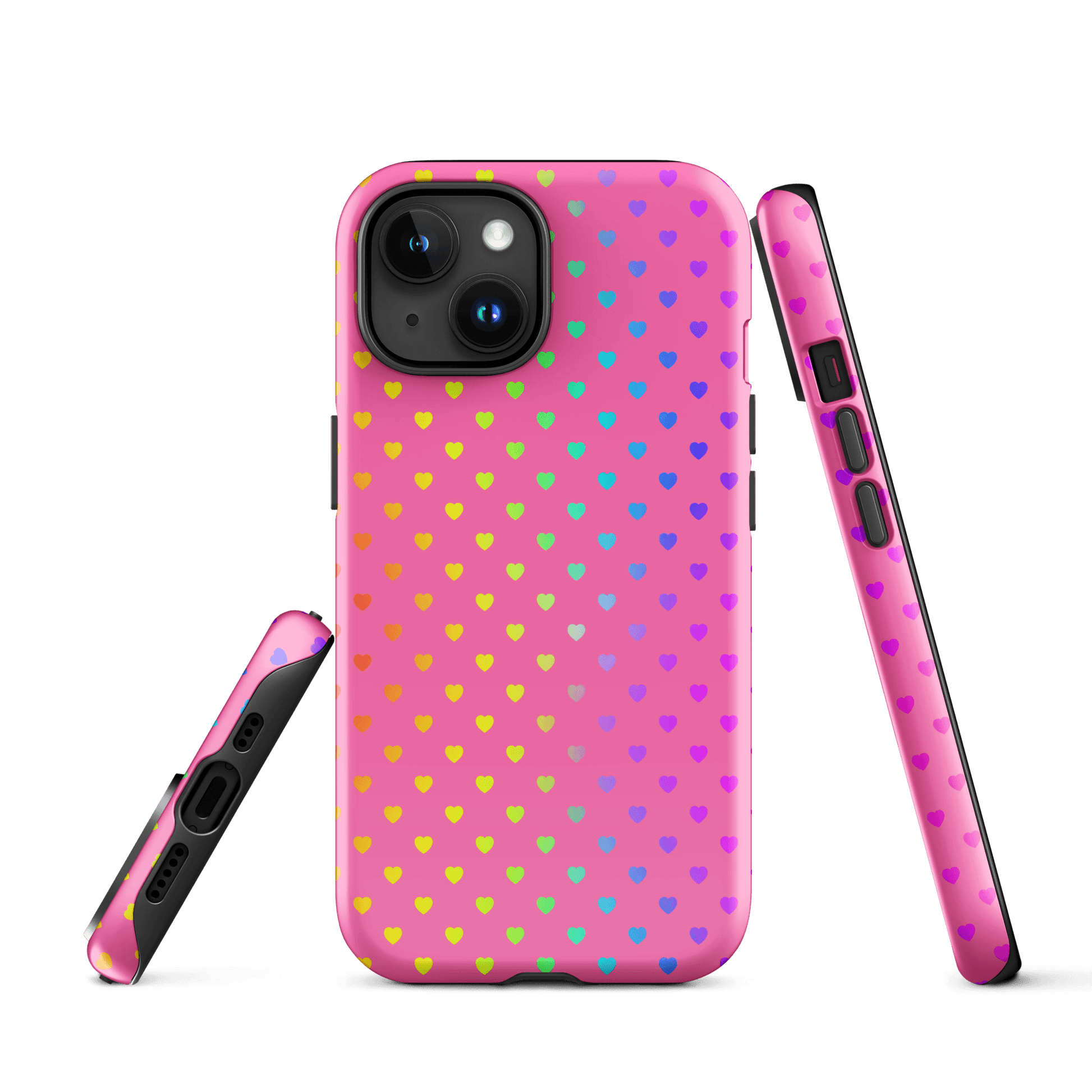 Phone Case for iPhone with cute rainbow hearts on pink background.